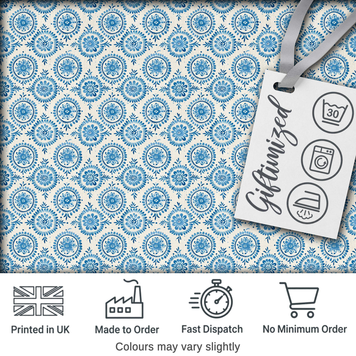 Light Blue Floral Medallion Tile Seamless Pattern Digital Print Fabric by the Metre UK Sewing Quilting Textile