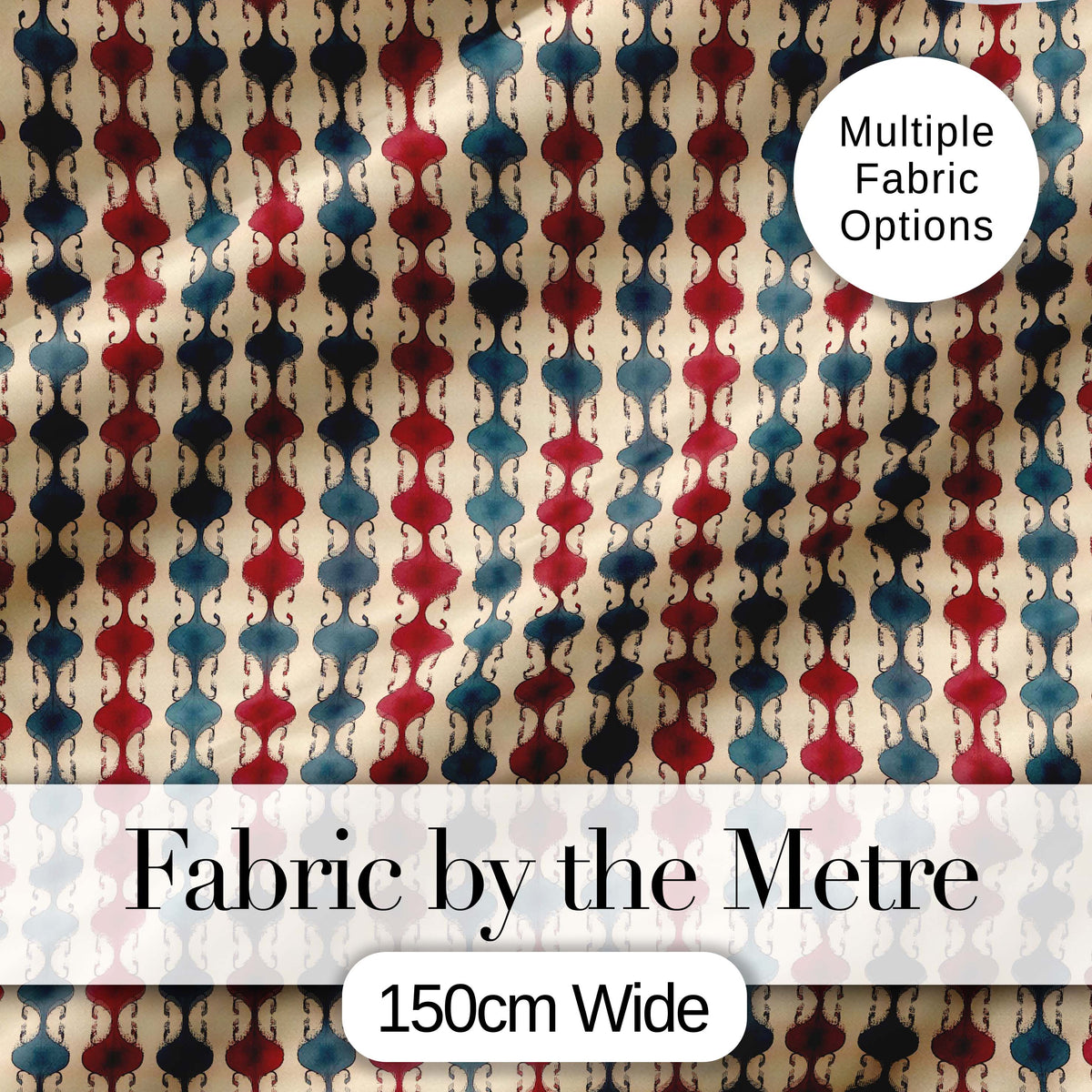 Vintage Red Blue Vertical Wave Motif Seamless Pattern Digital Print Fabric by the Metre UK Sewing Quilting Textile