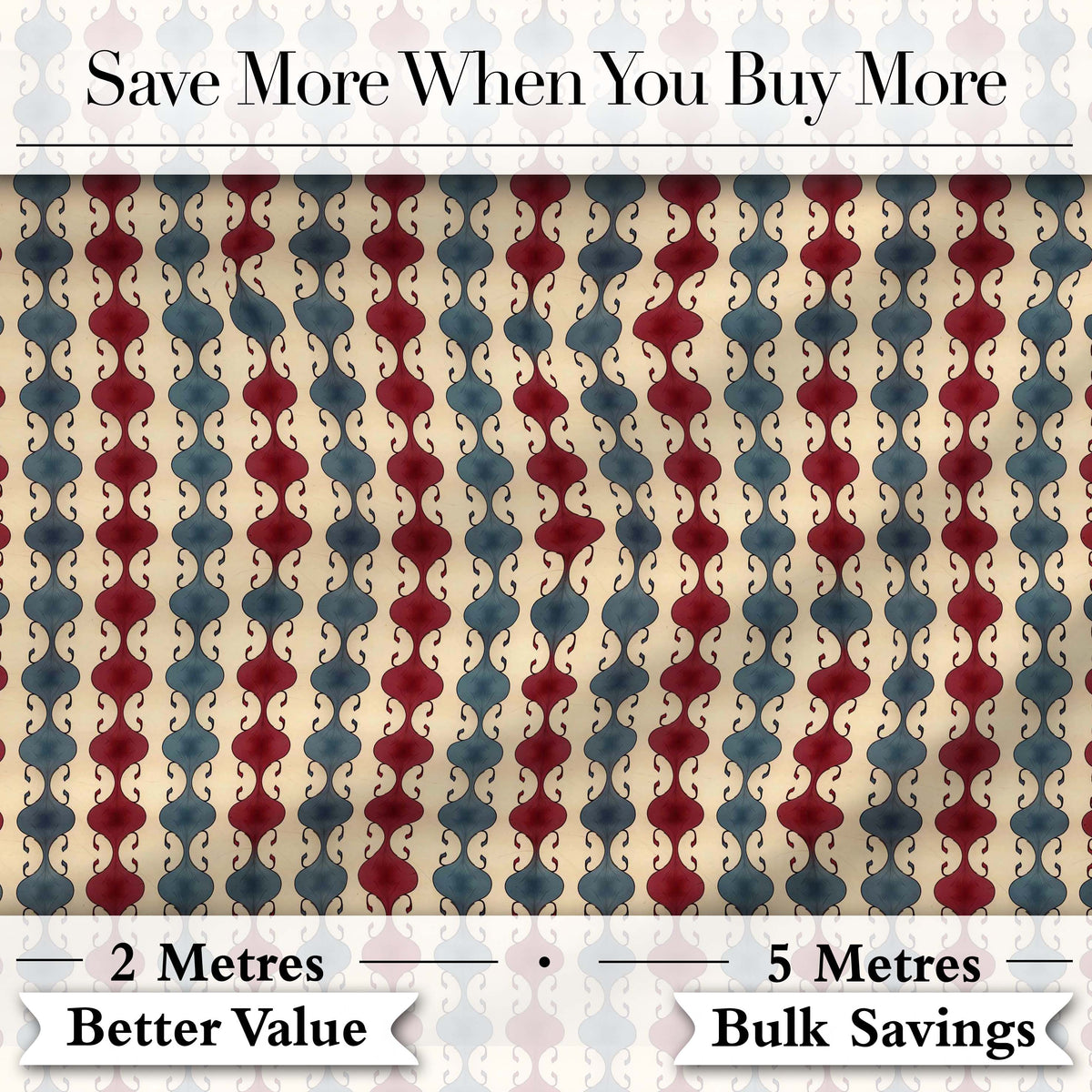 Vintage Red Blue Vertical Wave Motif Seamless Pattern Digital Print Fabric by the Metre UK Sewing Quilting Textile