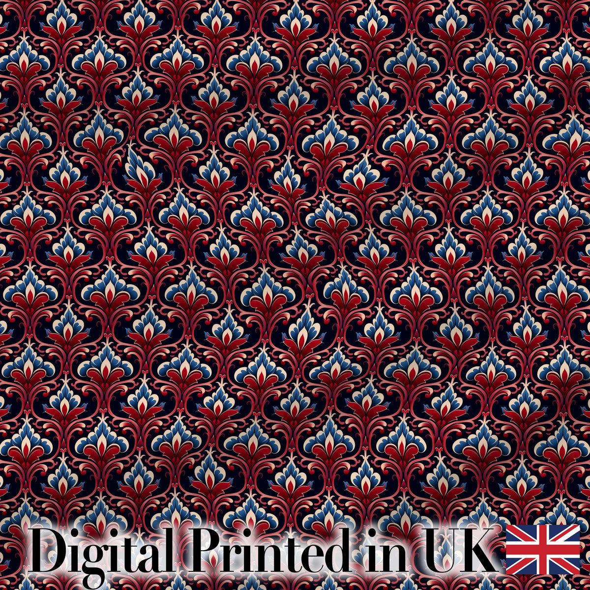 Elegant Vintage Damask Floral Pattern in Red Blue and Cream Seamless Design Digital Print Fabric by the Metre UK Sewing Quilting Textile
