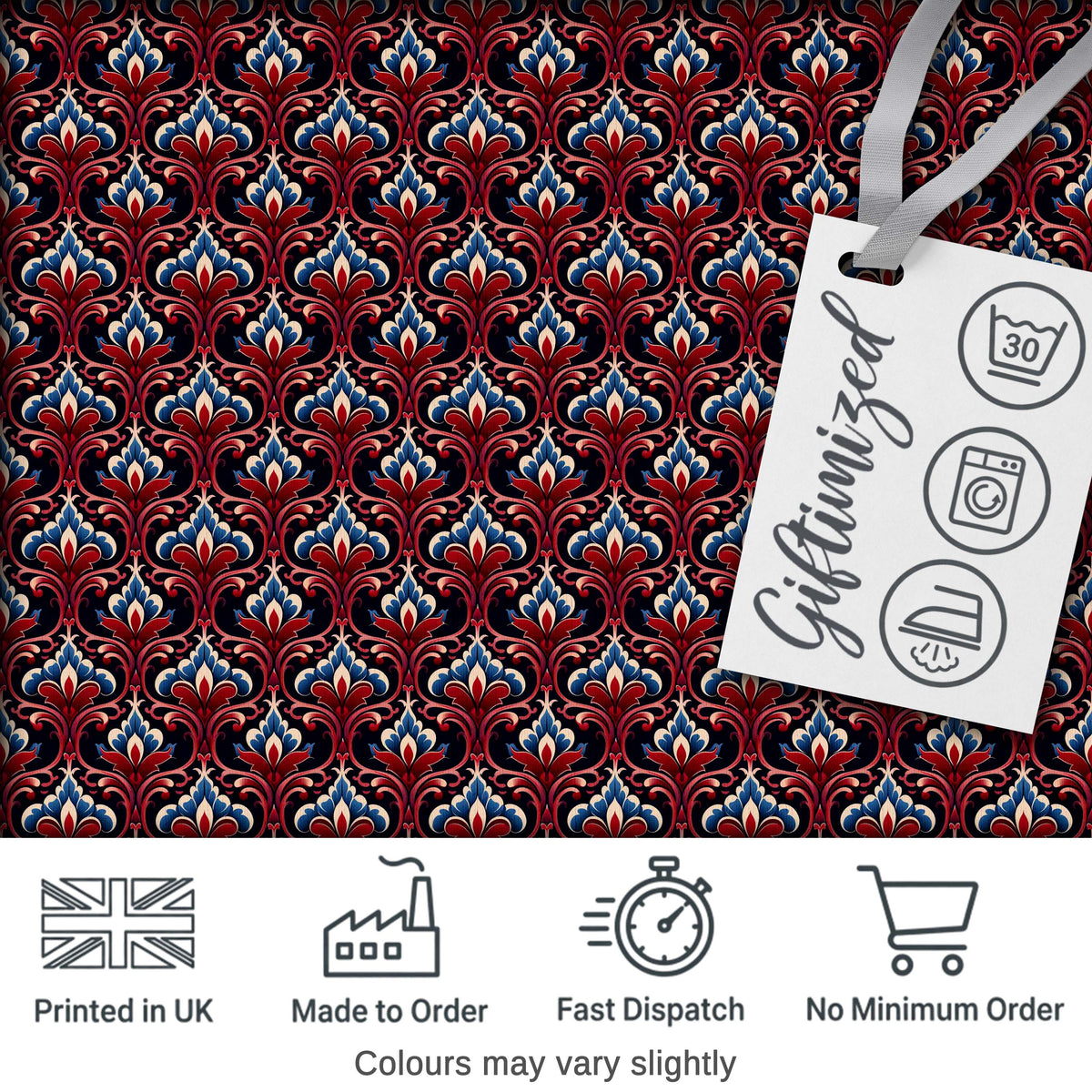 Elegant Vintage Damask Floral Pattern in Red Blue and Cream Seamless Design Digital Print Fabric by the Metre UK Sewing Quilting Textile