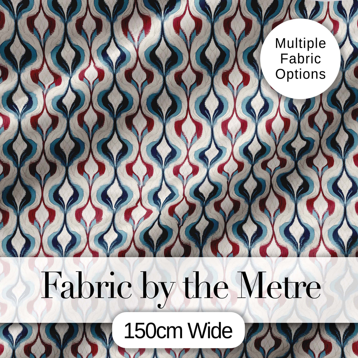 Wavy Abstract Leaf Pattern in Blue Red and Cream Seamless Design Digital Print Fabric by the Metre UK Sewing Quilting Textile