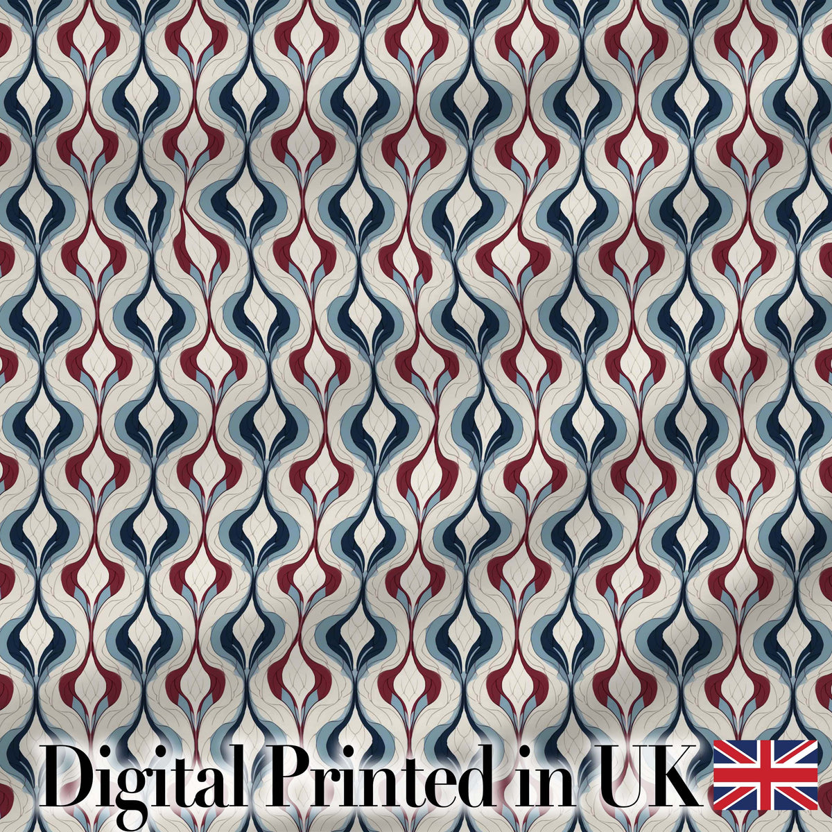Wavy Abstract Leaf Pattern in Blue Red and Cream Seamless Design Digital Print Fabric by the Metre UK Sewing Quilting Textile