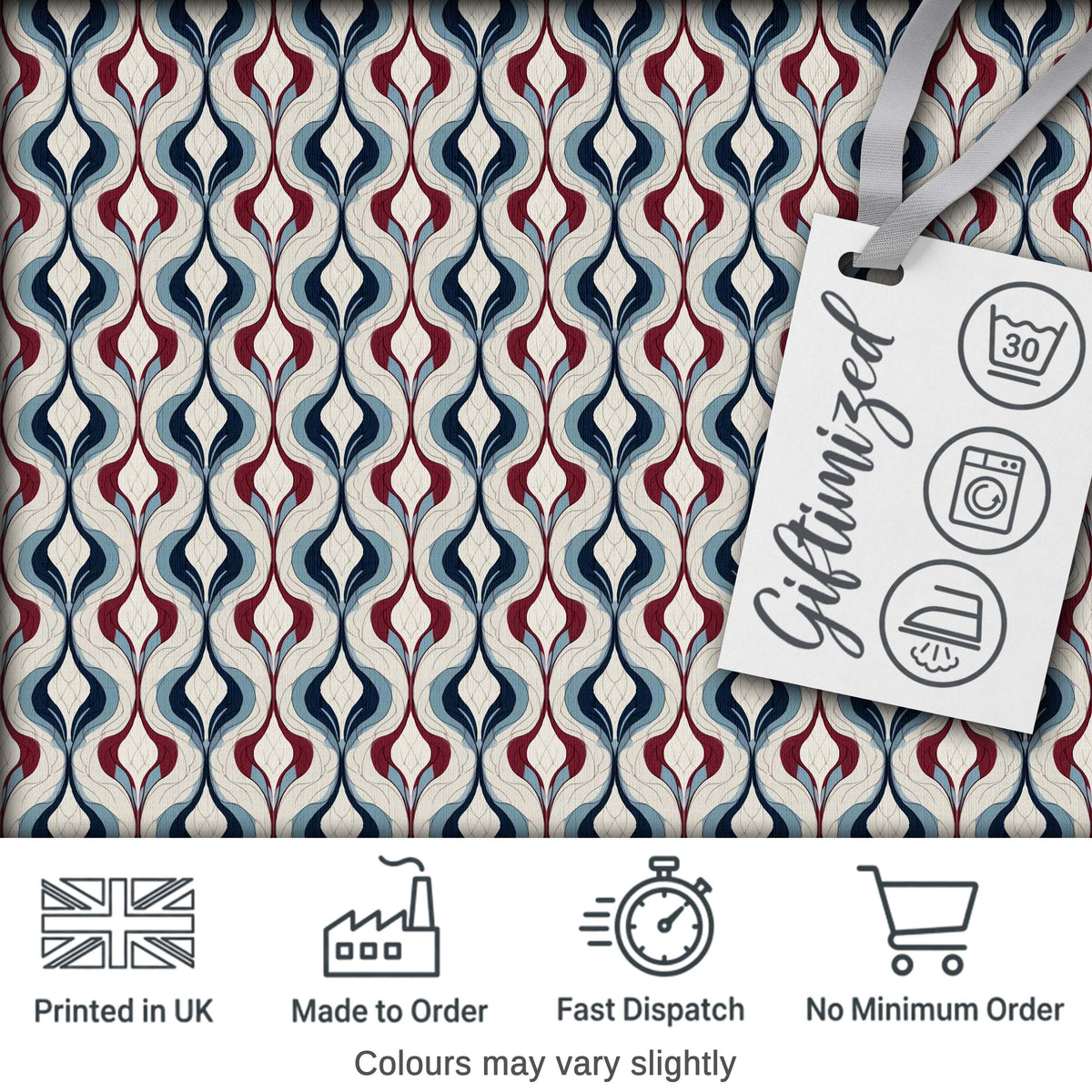 Wavy Abstract Leaf Pattern in Blue Red and Cream Seamless Design Digital Print Fabric by the Metre UK Sewing Quilting Textile