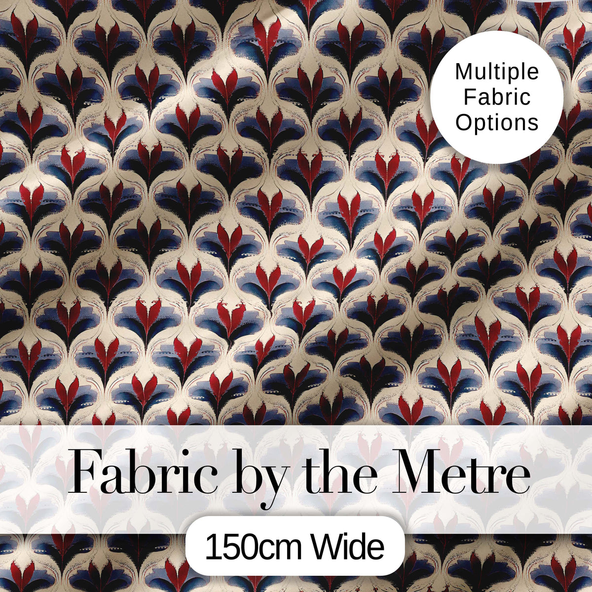 Classic Art Deco Floral Motif Pattern in Red Blue and Beige Seamless Design Digital Print Fabric by the Metre UK Sewing Quilting Textile