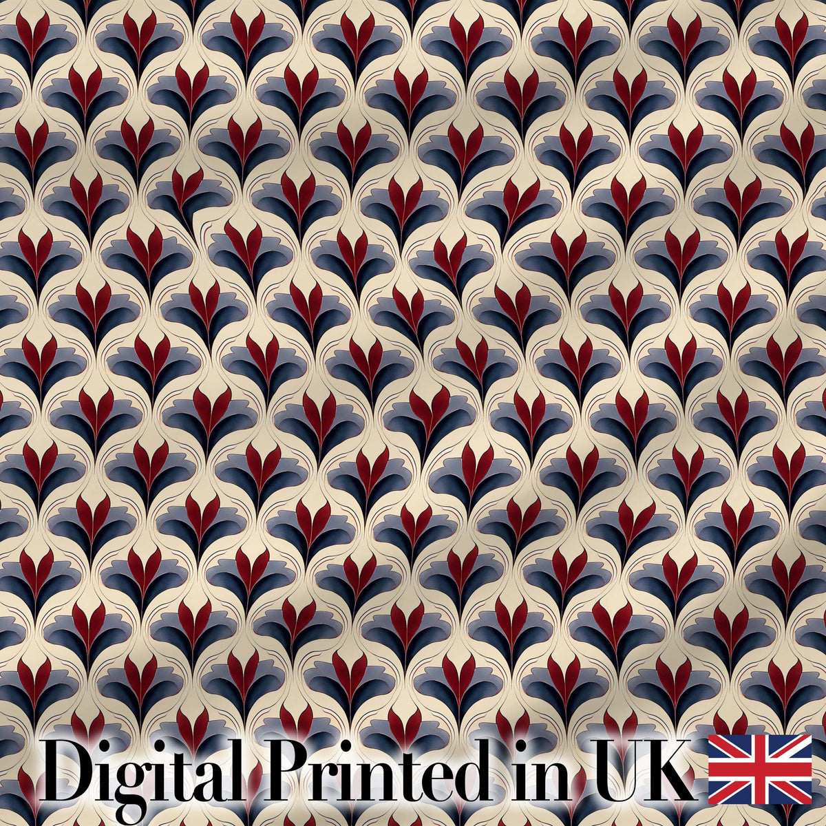Classic Art Deco Floral Motif Pattern in Red Blue and Beige Seamless Design Digital Print Fabric by the Metre UK Sewing Quilting Textile