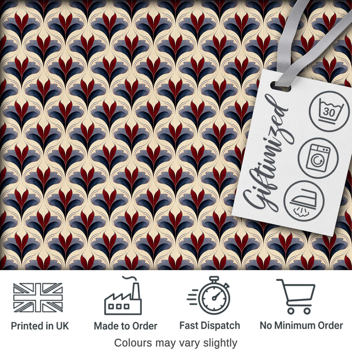 Classic Art Deco Floral Motif Pattern in Red Blue and Beige Seamless Design Digital Print Fabric by the Metre UK Sewing Quilting Textile
