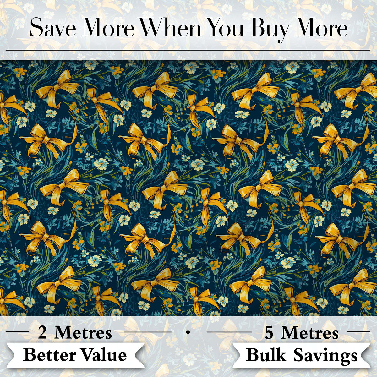 Floral Ribbon and Bow Pattern with Yellow Flowers Seamless Design Digital Print Fabric by the Metre UK Sewing Quilting Textile