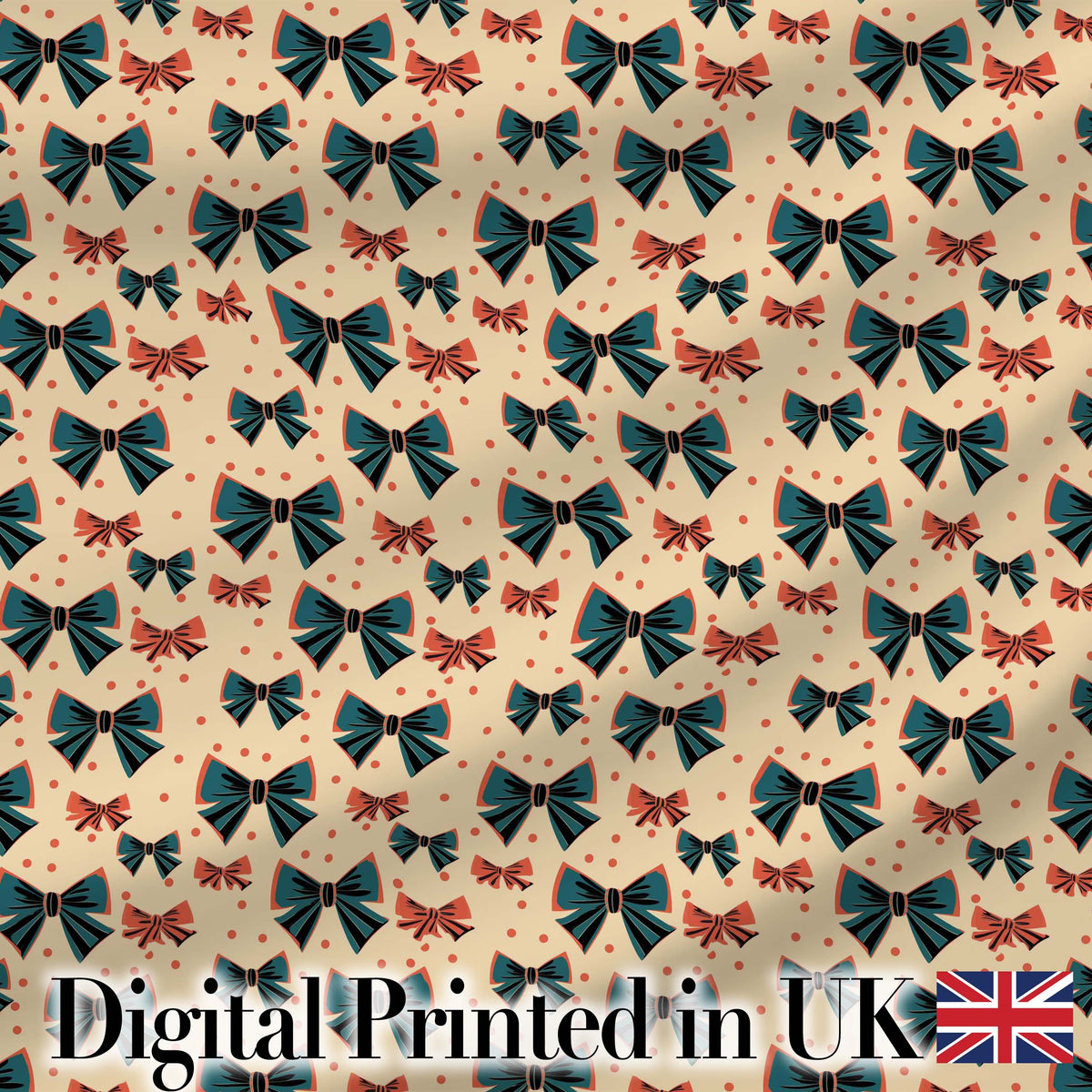 Bow Tie Pattern with Polka Dots in Teal and Coral Seamless Digital Print Fabric by the Metre UK Sewing Quilting Textile