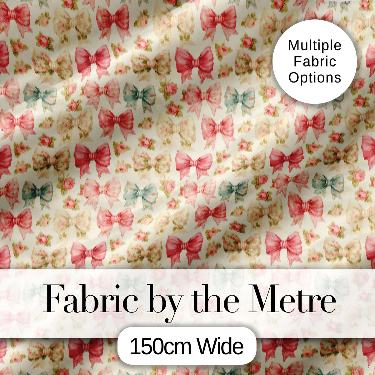 Shabby Chic Floral Bow Pattern with Roses in Pastel Pink Seamless Digital Print Fabric by the Metre UK Sewing Quilting Textile