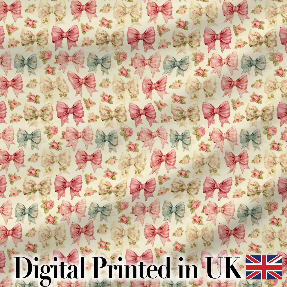 Shabby Chic Floral Bow Pattern with Roses in Pastel Pink Seamless Digital Print Fabric by the Metre UK Sewing Quilting Textile