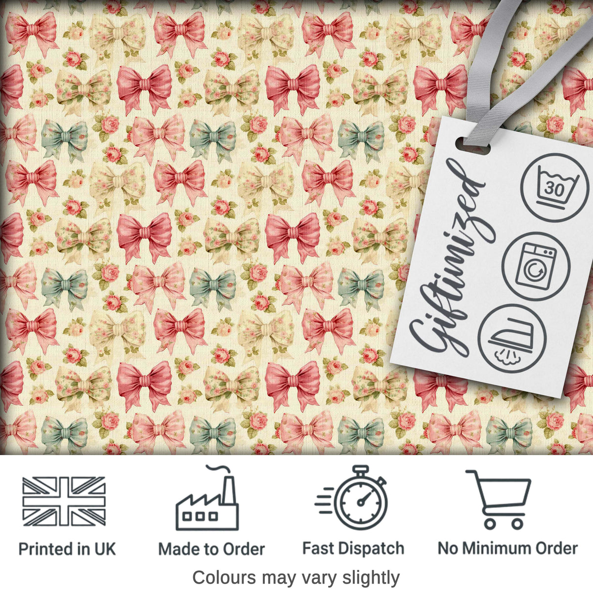 Shabby Chic Floral Bow Pattern with Roses in Pastel Pink Seamless Digital Print Fabric by the Metre UK Sewing Quilting Textile