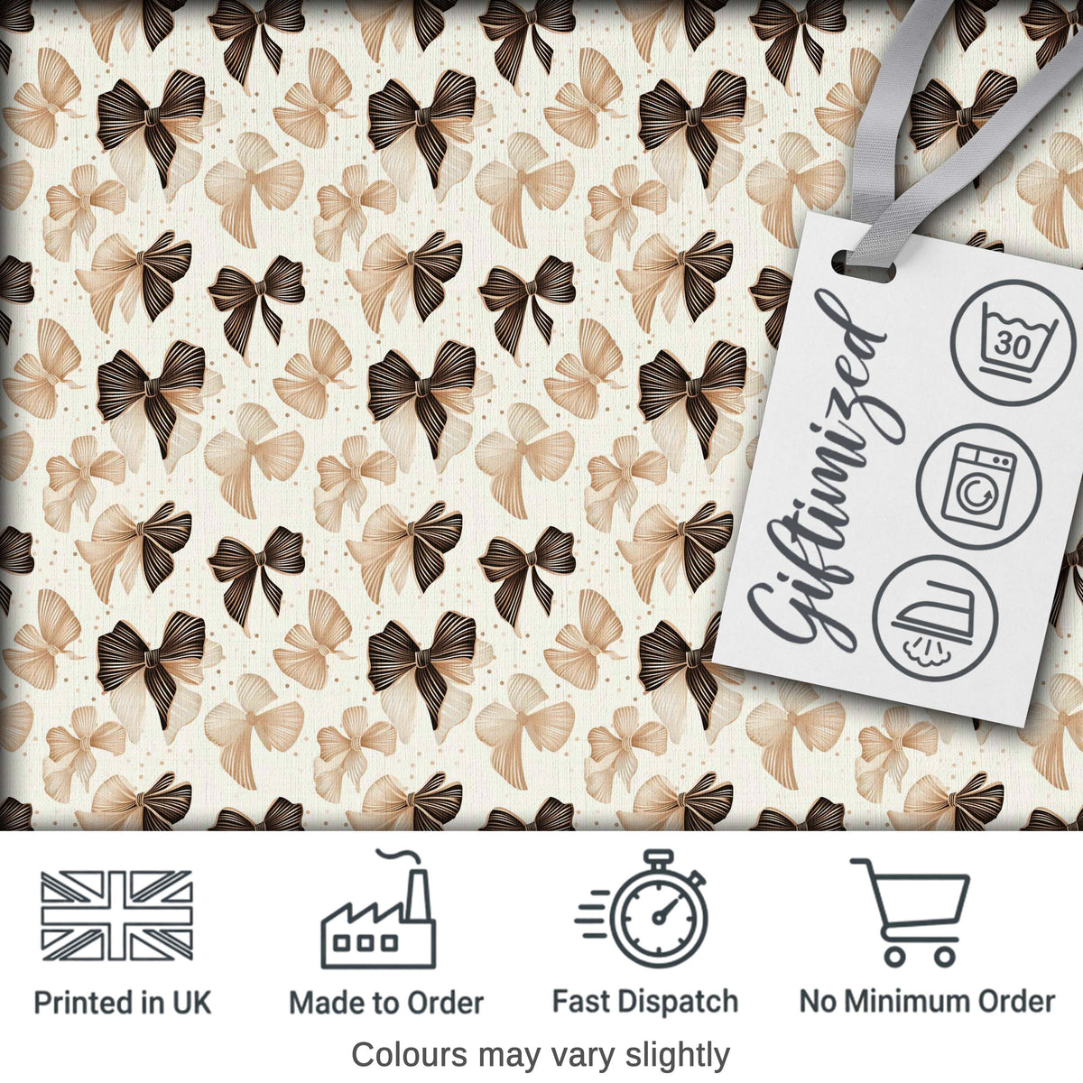Elegant Neutral Bow Pattern in Beige and Brown Tones Seamless Digital Print Fabric by the Metre UK Sewing Quilting Textile
