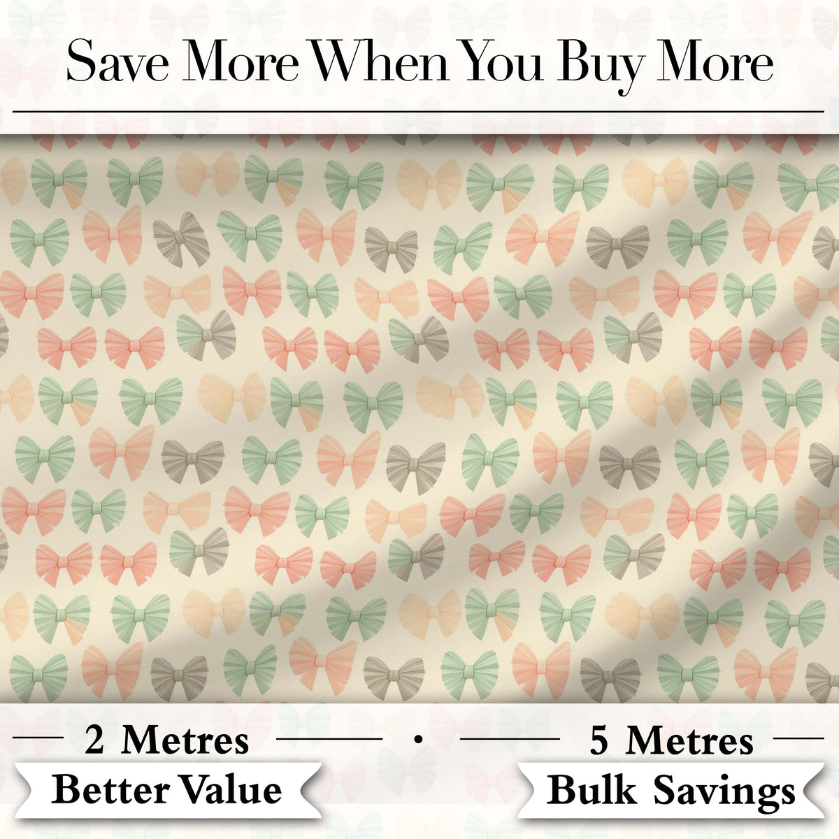 Soft Pastel Bow Pattern in Peach Mint and Cream Seamless Digital Print Fabric by the Metre UK Sewing Quilting Textile