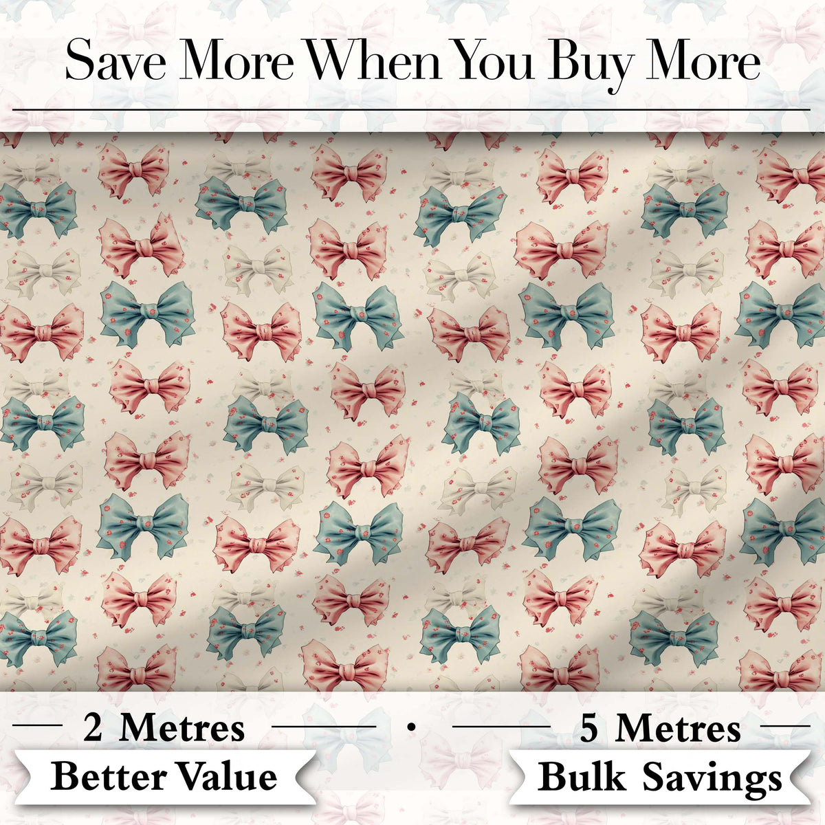Vintage Inspired Bow Pattern in Pink Blue and Cream Seamless Digital Print Fabric by the Metre UK Sewing Quilting Textile
