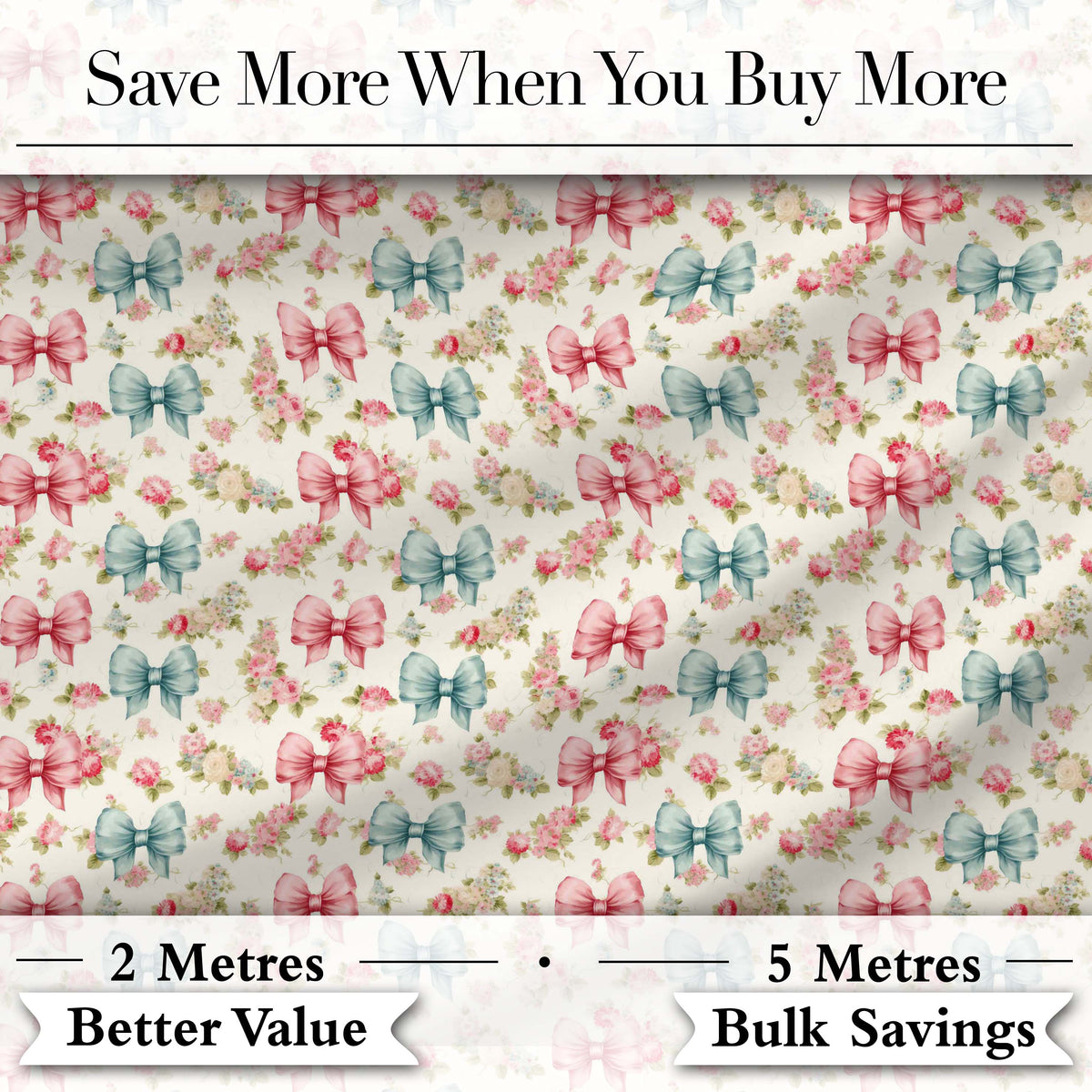 Shabby Chic Floral Bow Pattern in Pink and Blue Pastel Tones Seamless Design Digital Print Fabric by the Metre UK Sewing Quilting Textile