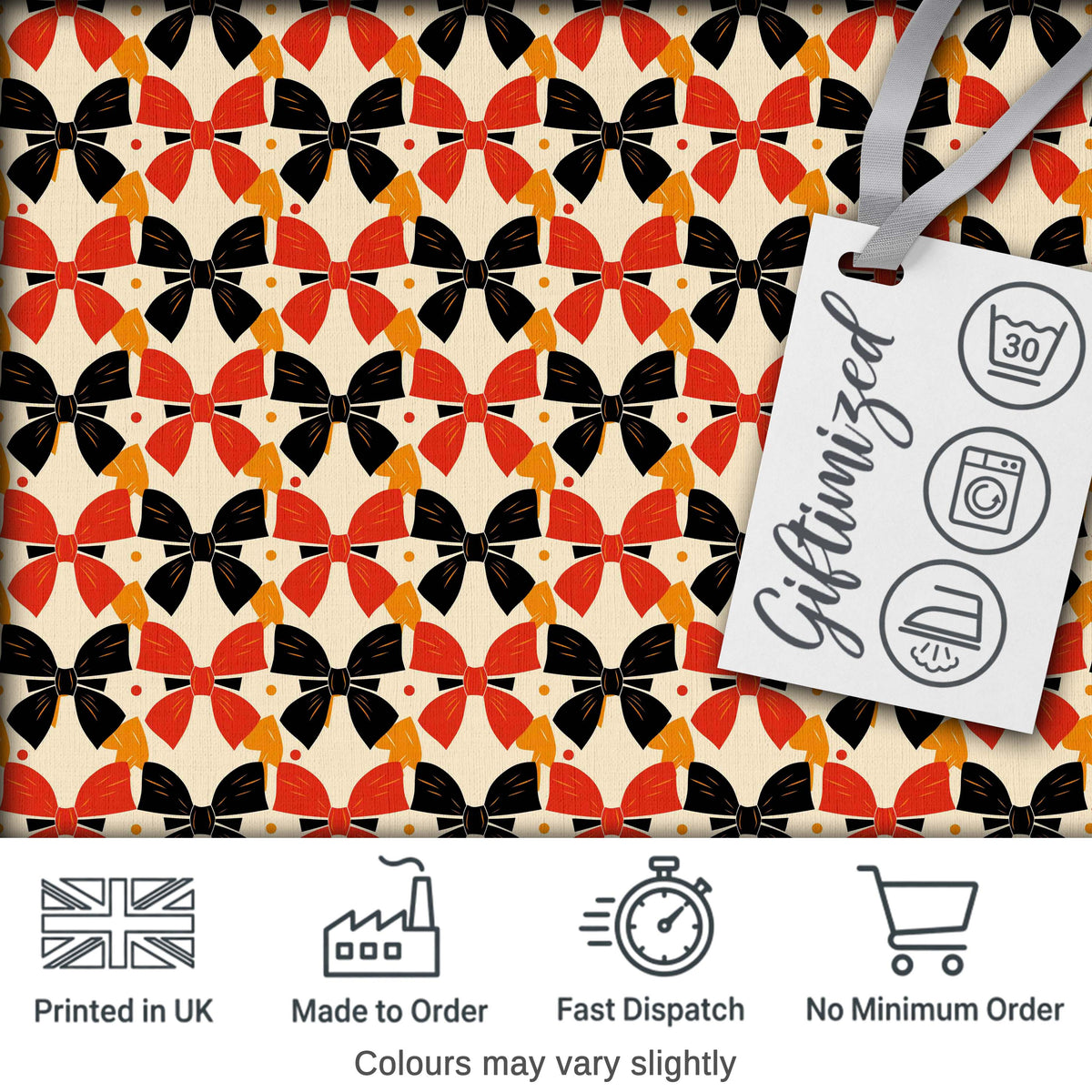 Bold Bow Pattern in Red Black and Gold Tones Seamless Design Digital Print Fabric by the Metre UK Sewing Quilting Textile