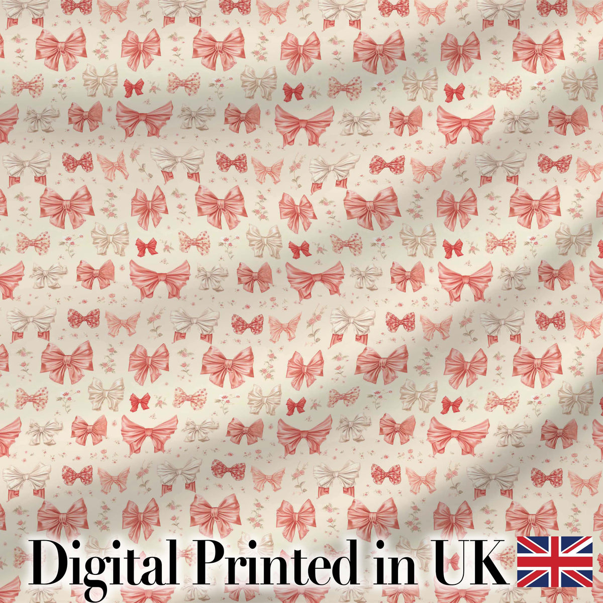 Soft Romantic Bow Pattern in Pink and Cream with Floral Details Seamless Design Digital Print Fabric by the Metre UK Sewing Quilting Textile