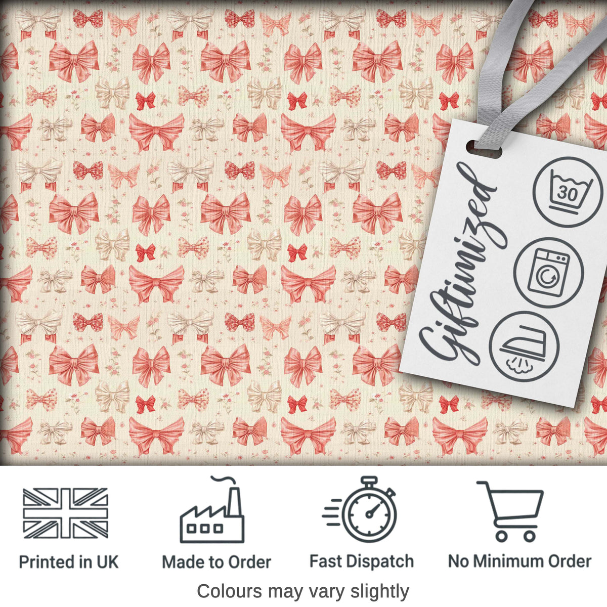 Soft Romantic Bow Pattern in Pink and Cream with Floral Details Seamless Design Digital Print Fabric by the Metre UK Sewing Quilting Textile