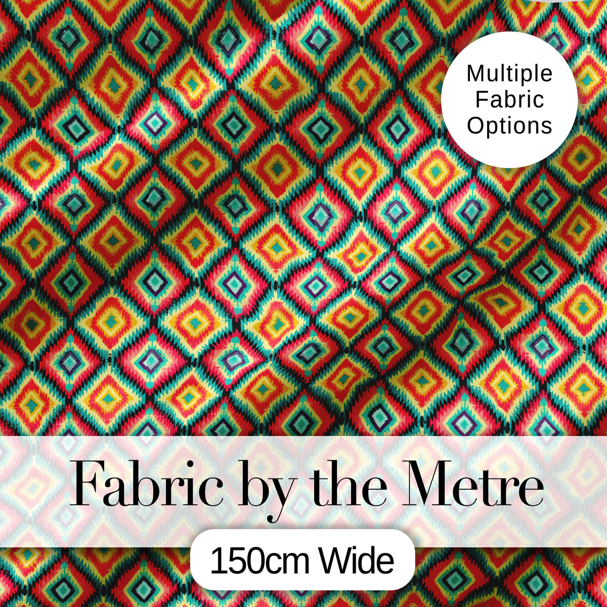 Bold Tribal Diamond Pattern in Vibrant Red Yellow Teal Seamless Pattern Digital Print Fabric by the Metre UK Sewing Quilting Textile
