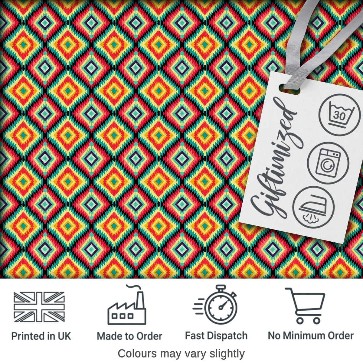 Bold Tribal Diamond Pattern in Vibrant Red Yellow Teal Seamless Pattern Digital Print Fabric by the Metre UK Sewing Quilting Textile