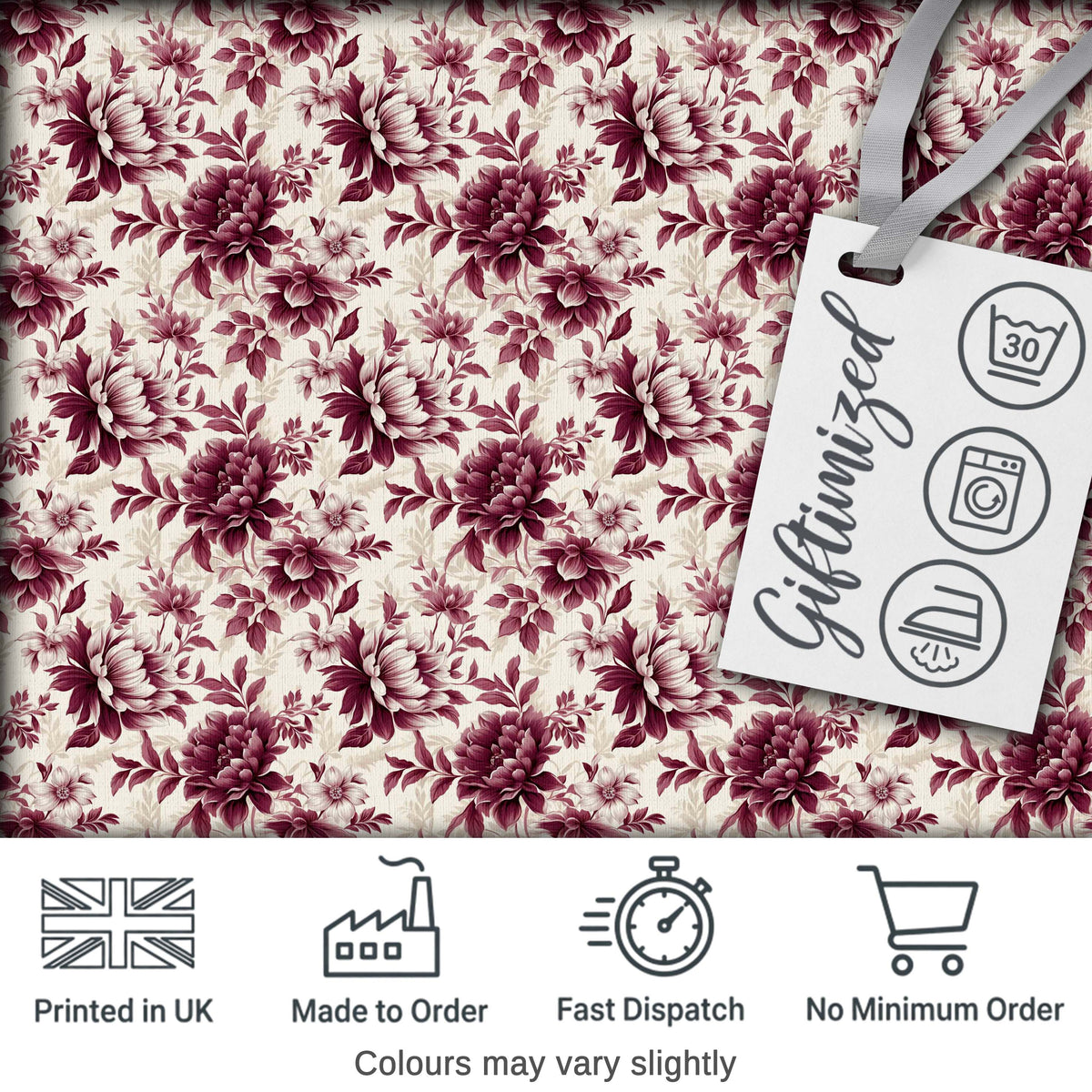 Vintage Burgundy Peony Floral Pattern on Cream Background Seamless Pattern Digital Print Fabric by the Metre UK Sewing Quilting Textile