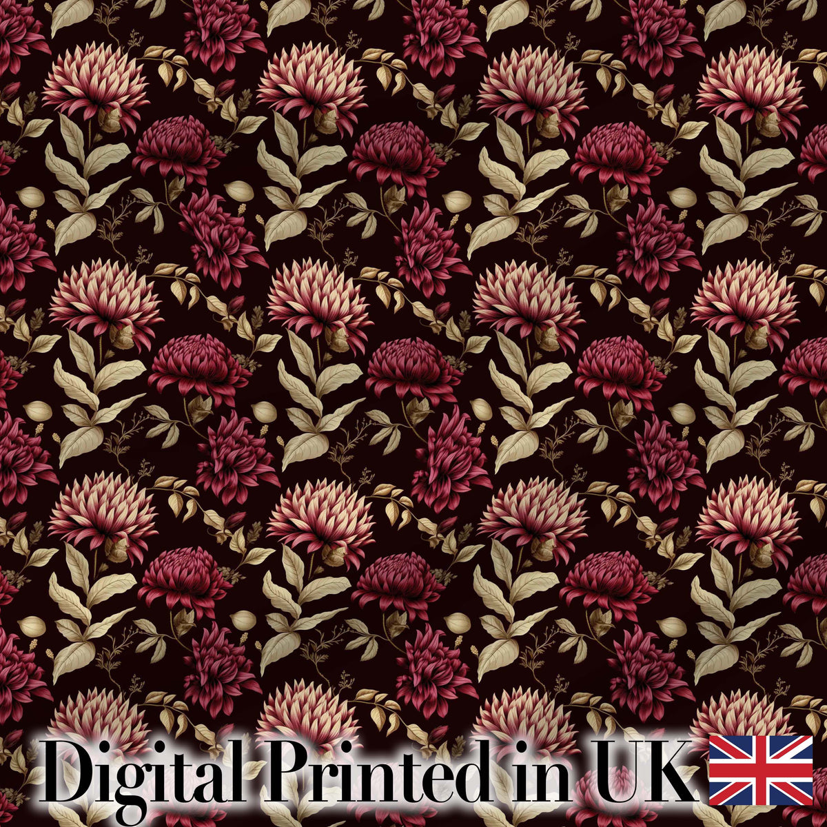 Rich Burgundy Dahlia Floral Pattern with Beige Leaves Seamless Pattern Digital Print Fabric by the Metre UK Sewing Quilting Textile