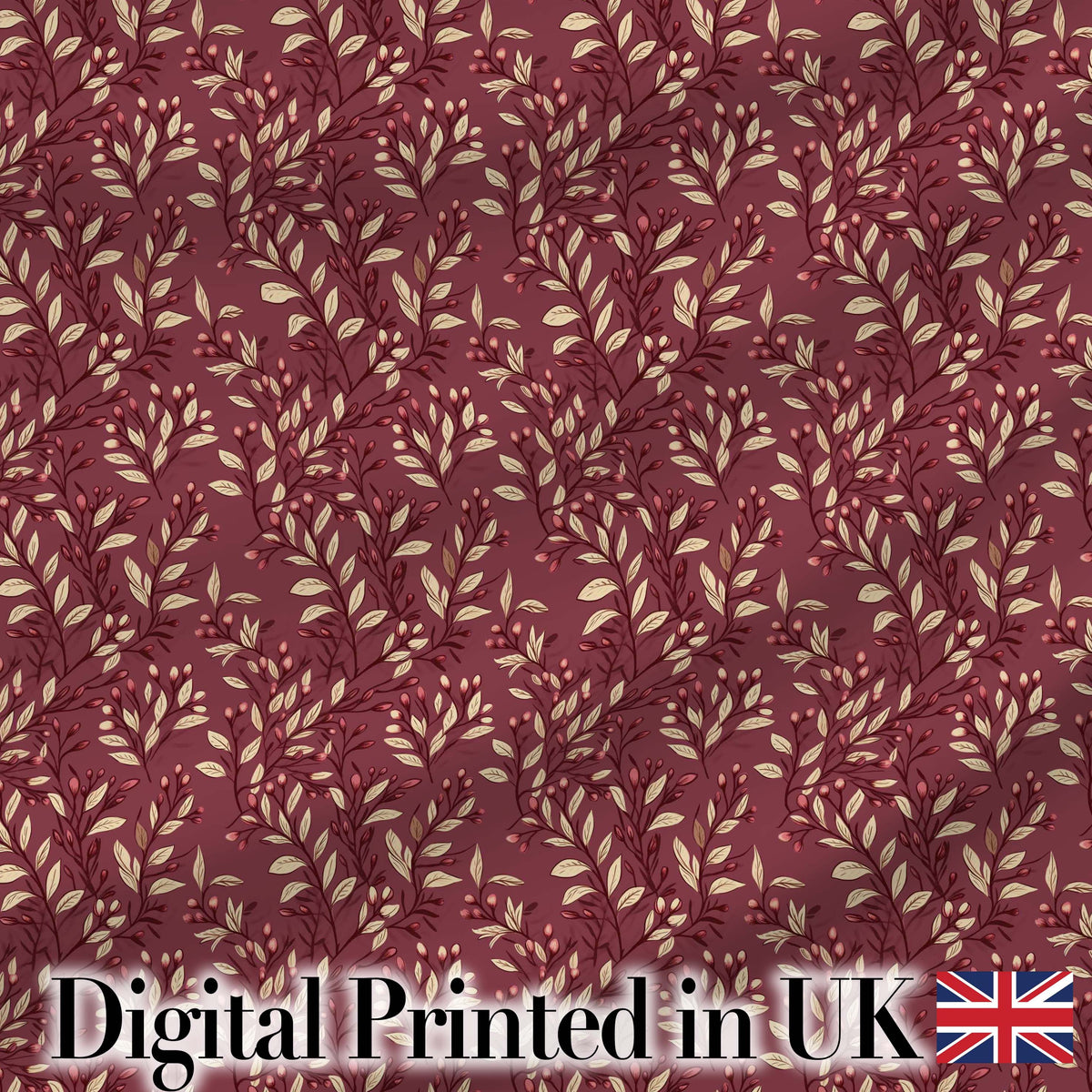 Elegant Burgundy Leaf Botanical Pattern on Deep Red Background Seamless Pattern Digital Print Fabric by the Metre UK Sewing Quilting Textile