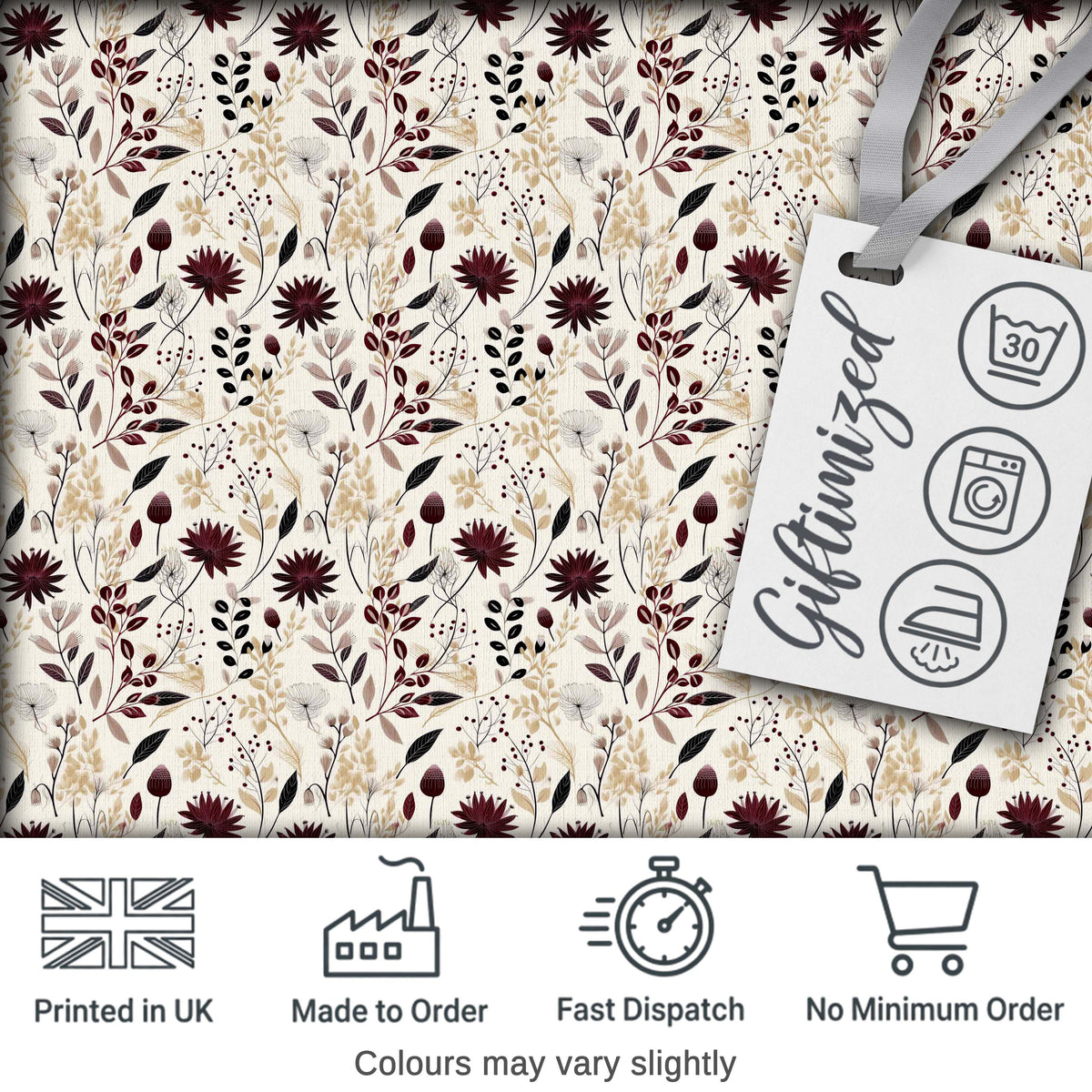 Neutral Wildflower Botanical Pattern with Burgundy Accents Seamless Pattern Digital Print Fabric by the Metre UK Sewing Quilting Textile