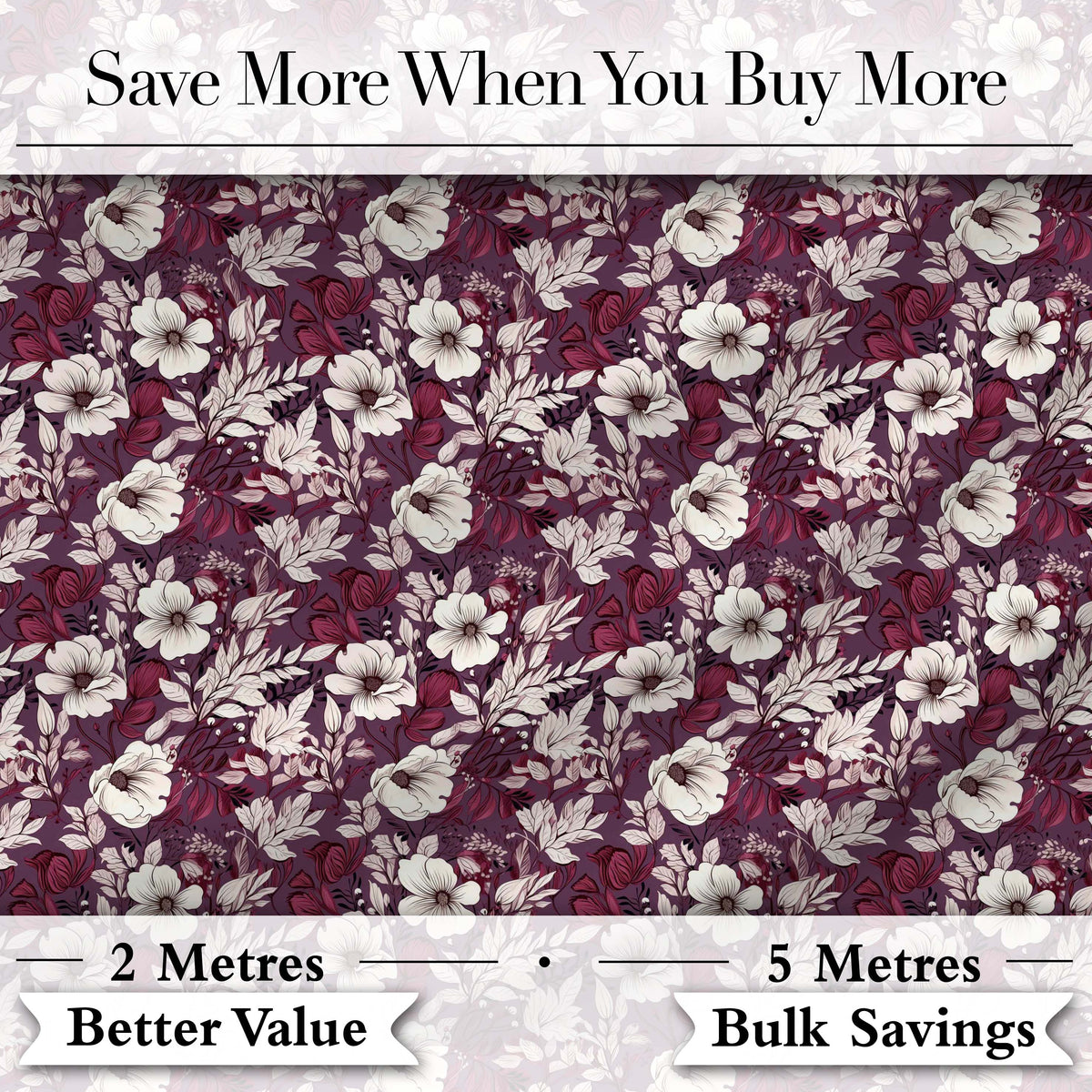 Deep Mauve Floral Garden with Ivory Blossoms Seamless Pattern Digital Print Fabric by the Metre UK Sewing Quilting Textile