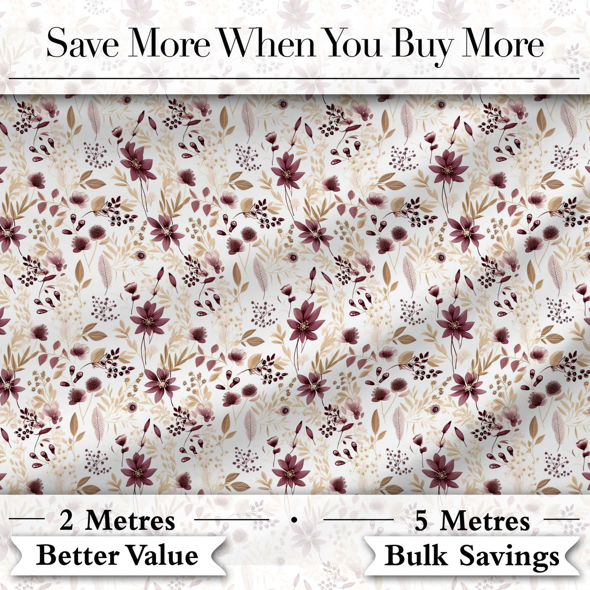 Soft Beige and Burgundy Wildflower Botanical Seamless Pattern Digital Print Fabric by the Metre UK Sewing Quilting Textile