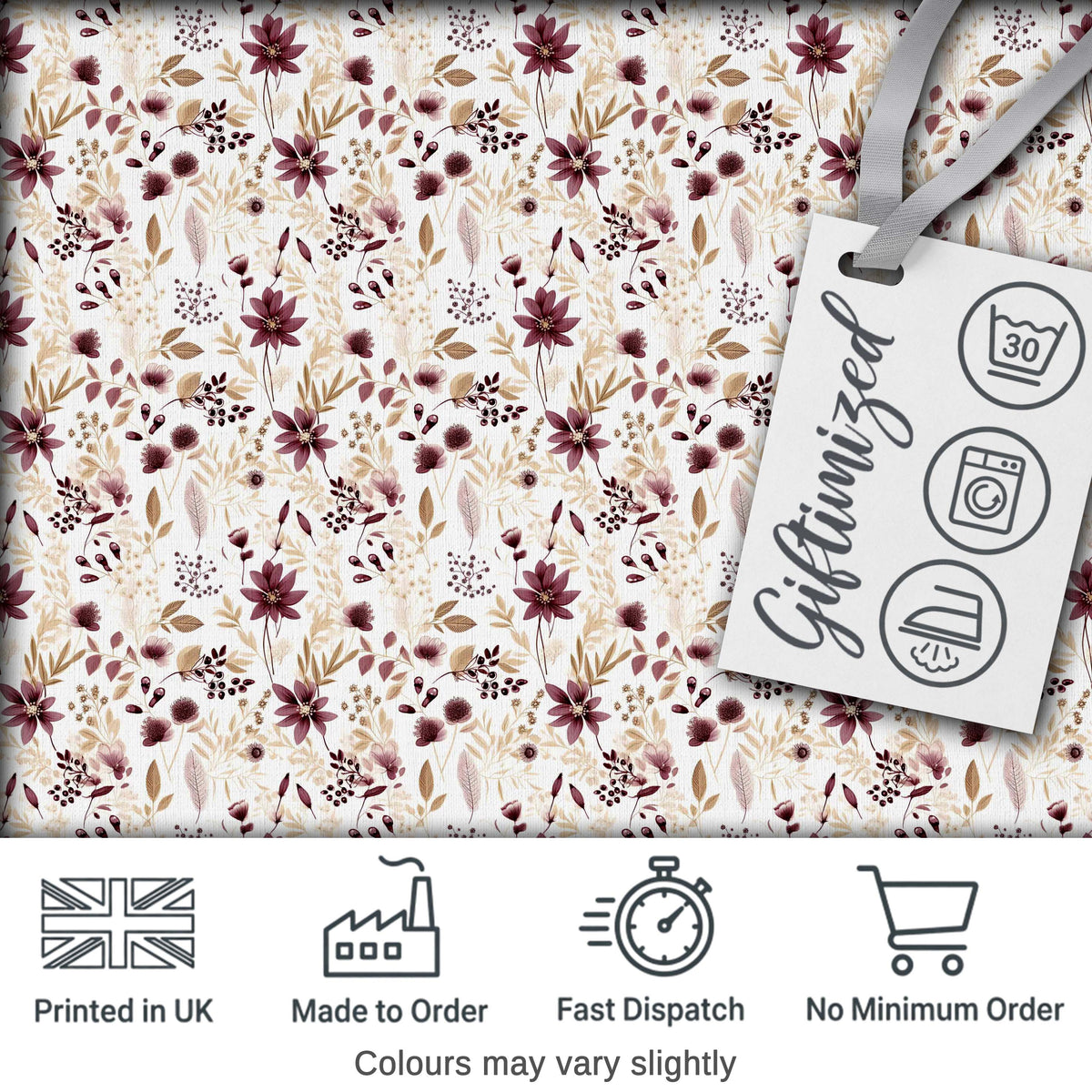 Soft Beige and Burgundy Wildflower Botanical Seamless Pattern Digital Print Fabric by the Metre UK Sewing Quilting Textile