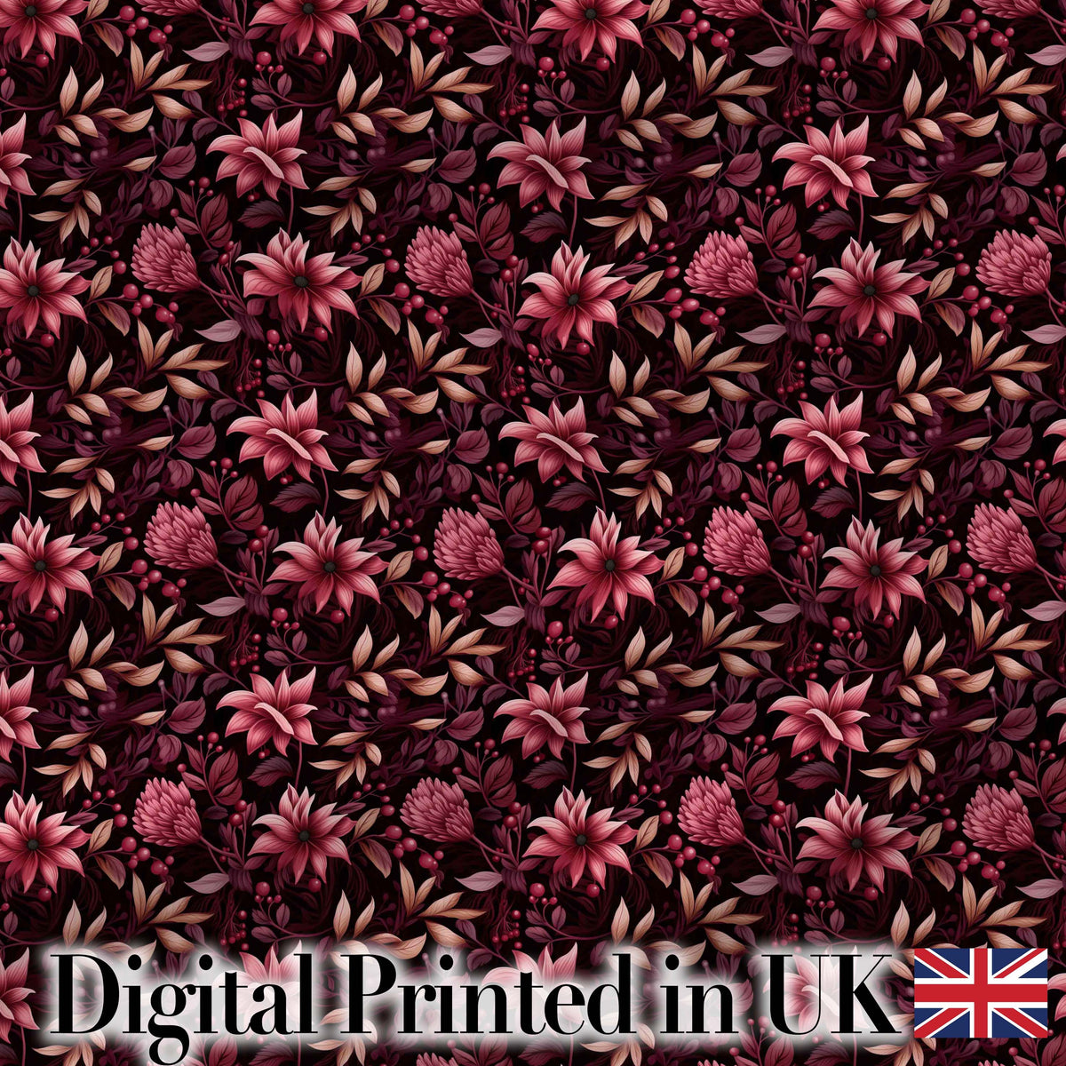 Dark Burgundy Floral Blooms with Leaves Seamless Pattern Digital Print Fabric by the Metre UK Sewing Quilting Textile