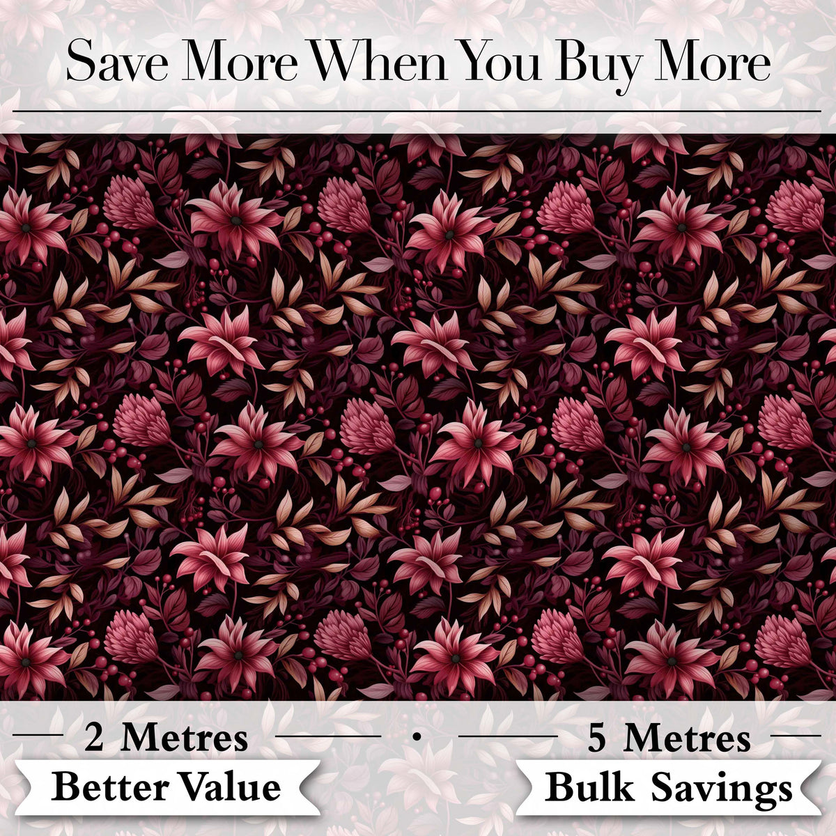 Dark Burgundy Floral Blooms with Leaves Seamless Pattern Digital Print Fabric by the Metre UK Sewing Quilting Textile