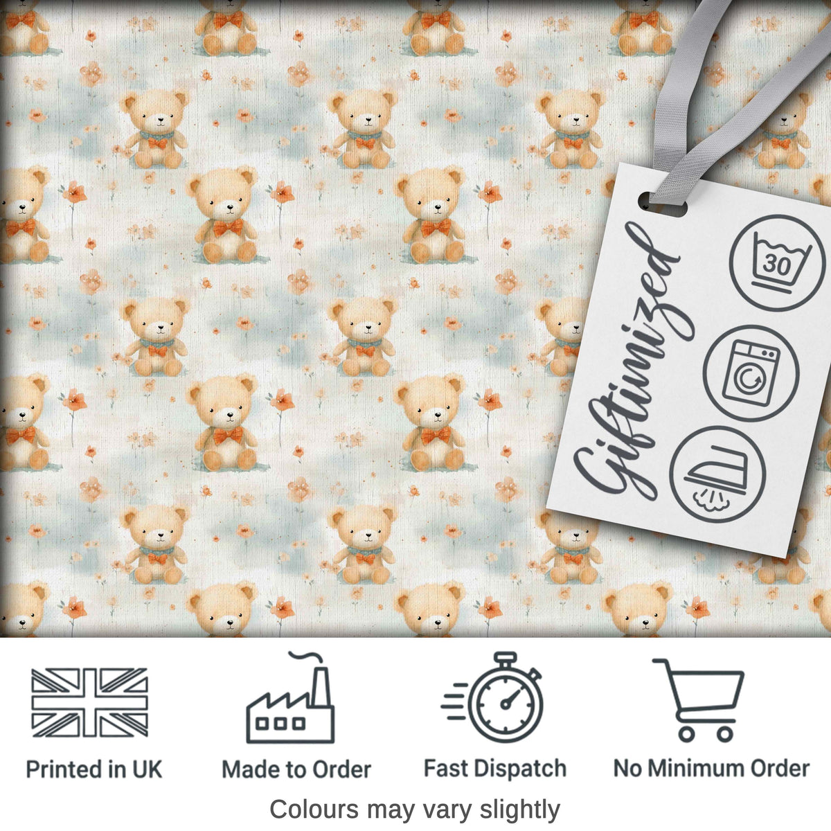 Soft Teddy Bears with Floral Accents Seamless Pattern Digital Print Fabric by the Metre UK Sewing Quilting Textile