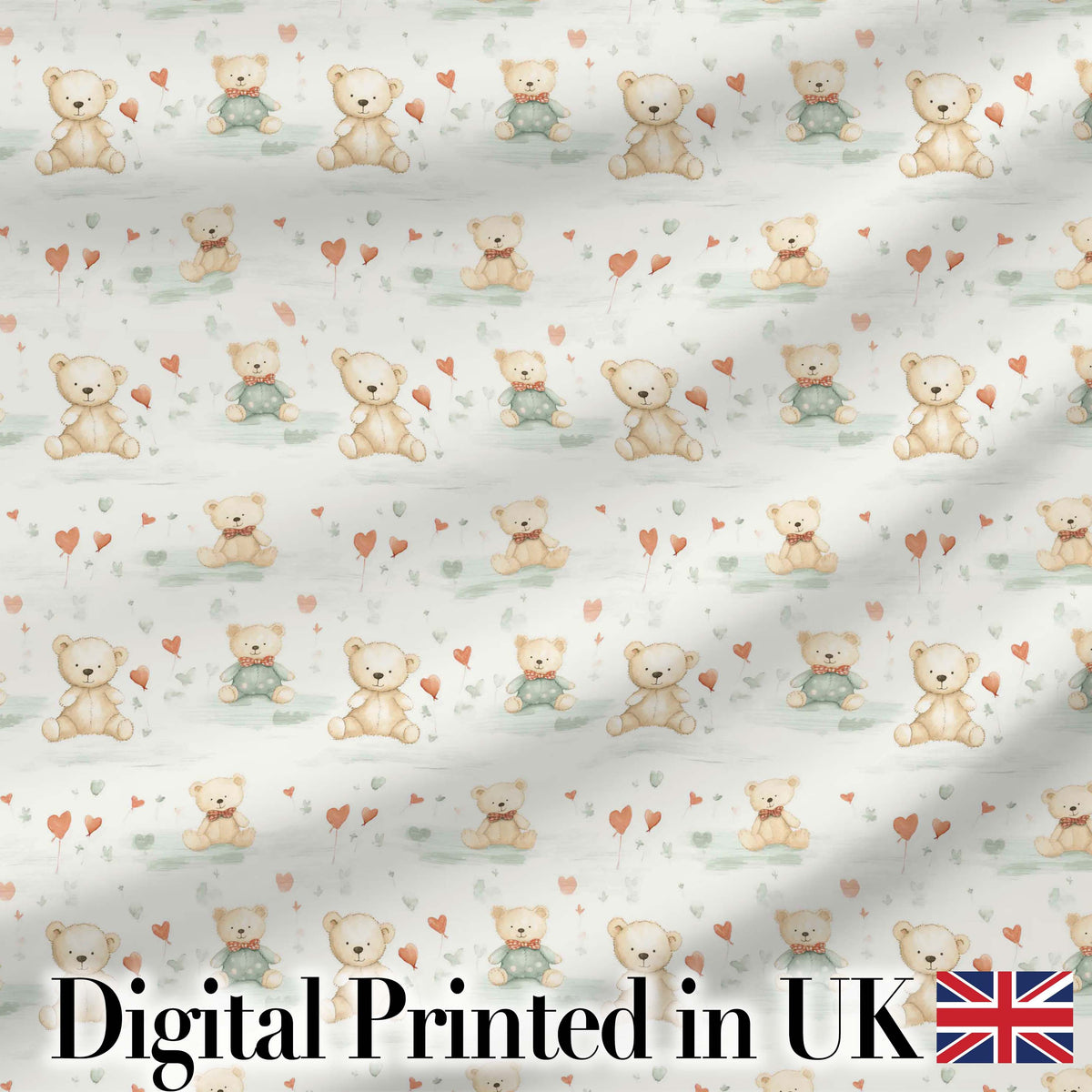 Cute Teddy Bears with Hearts and Soft Pastel Background Seamless Pattern Digital Print Fabric by the Metre UK Sewing Quilting Textile