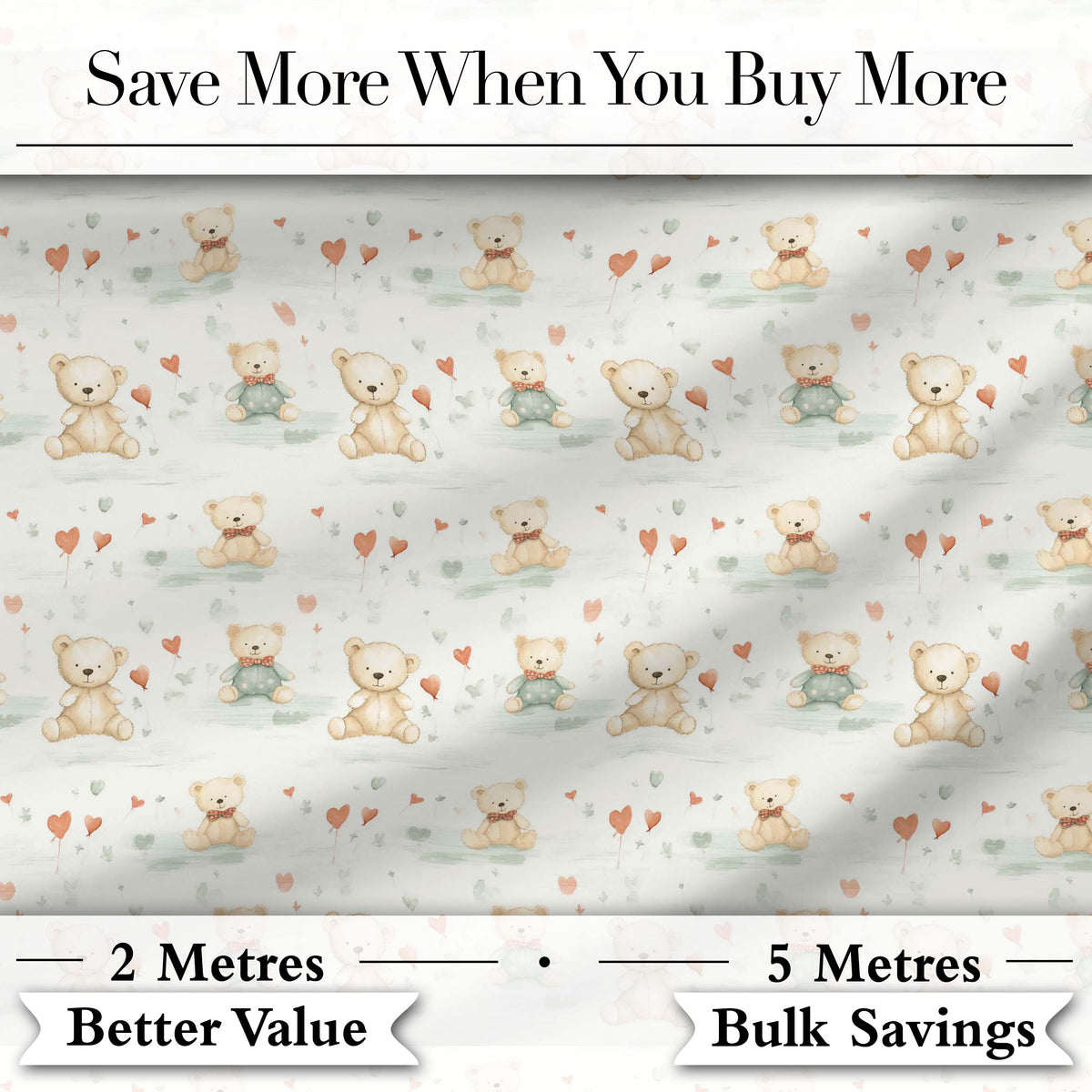 Cute Teddy Bears with Hearts and Soft Pastel Background Seamless Pattern Digital Print Fabric by the Metre UK Sewing Quilting Textile