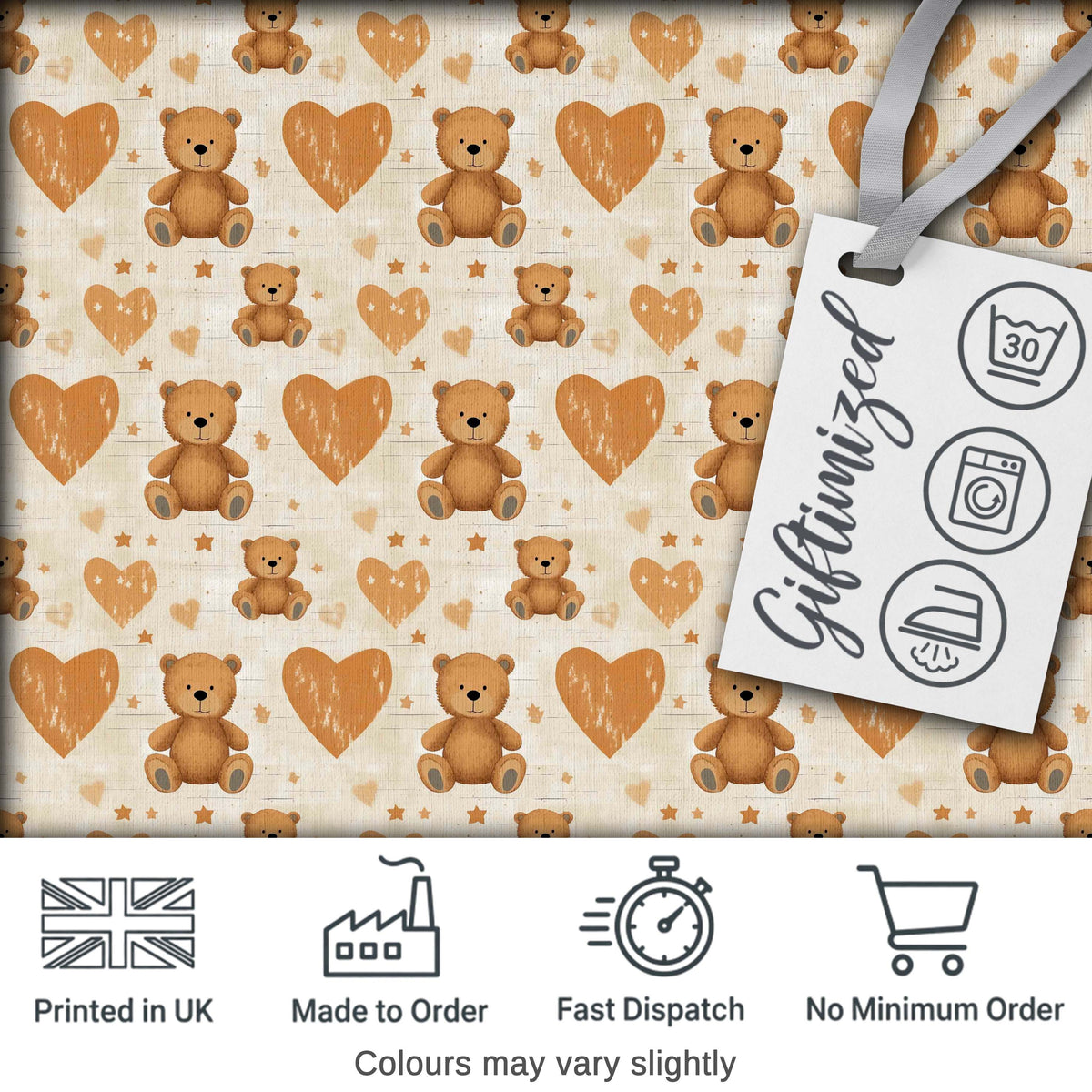 Brown Teddy Bears with Large Hearts Cute Seamless Pattern Digital Print Fabric by the Metre UK Sewing Quilting Textile