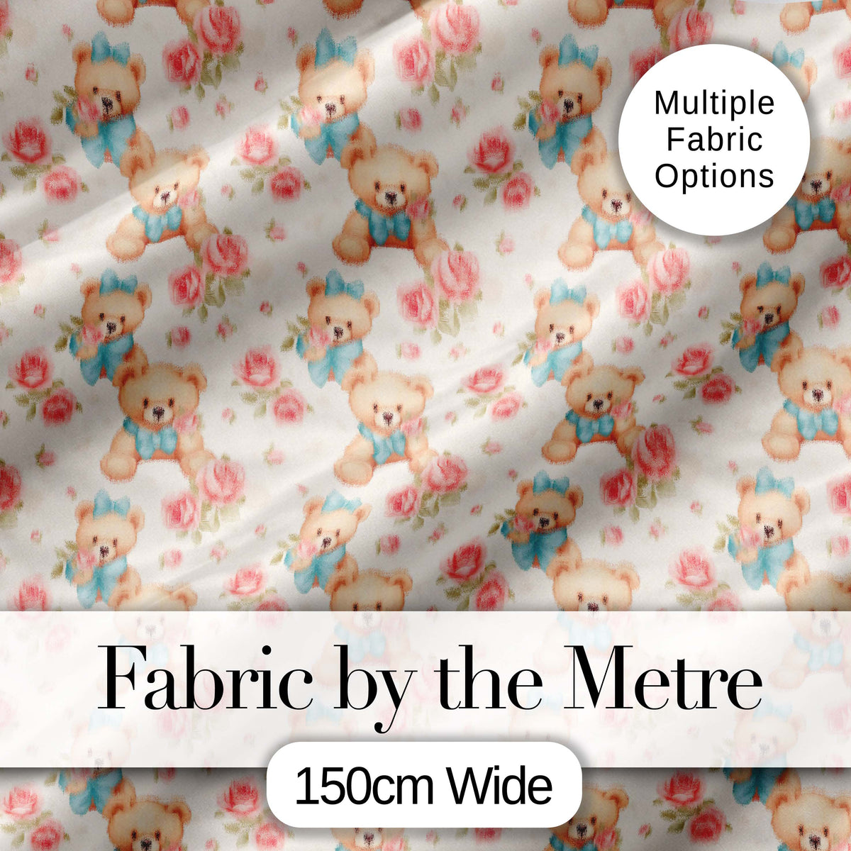 Teddy Bears with Blue Bows and Pink Roses Seamless Pattern Digital Print Fabric by the Metre UK Sewing Quilting Textile
