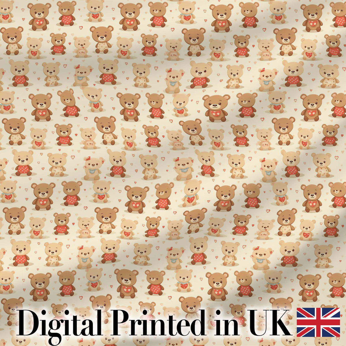 Adorable Teddy Bears with Hearts on Cream Background Seamless Pattern Digital Print Fabric by the Metre UK Sewing Quilting Textile