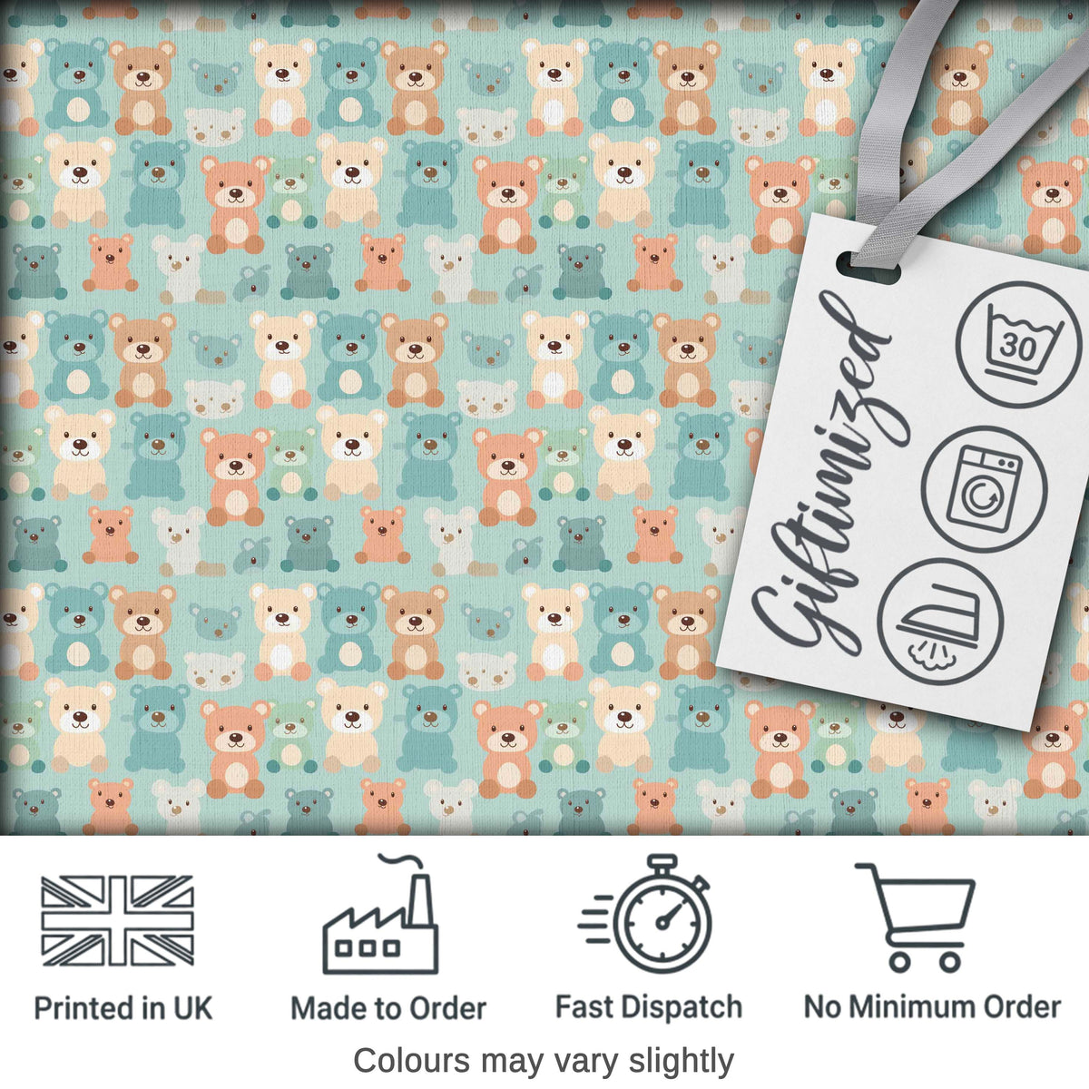 Pastel Teddy Bears Repeating Cute Characters Seamless Pattern Digital Print Fabric by the Metre UK Sewing Quilting Textile