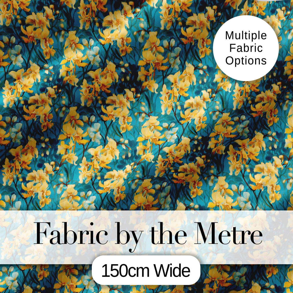 Golden Yellow Floral Botanical Blue Background Seamless Pattern Digital Print Fabric by the Metre UK Sewing Quilting Textile