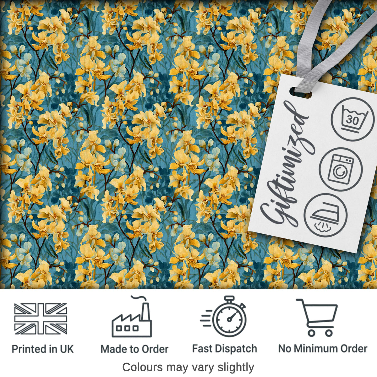 Golden Yellow Floral Botanical Blue Background Seamless Pattern Digital Print Fabric by the Metre UK Sewing Quilting Textile