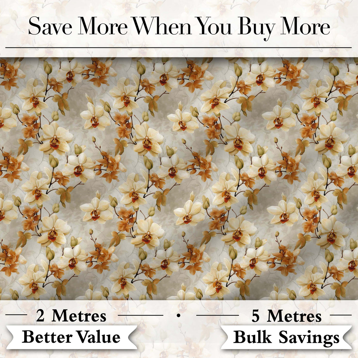 Warm Cream Orchid Floral Classic Botanical Seamless Pattern Digital Print Fabric by the Metre UK Sewing Quilting Textile