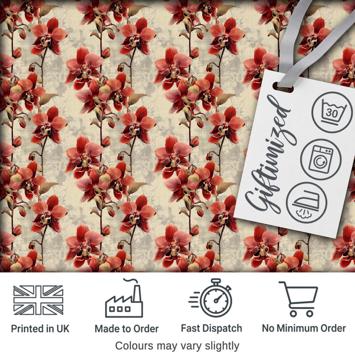 Deep Red Orchid Floral Vintage Classic Seamless Pattern Digital Print Fabric by the Metre UK Sewing Quilting Textile