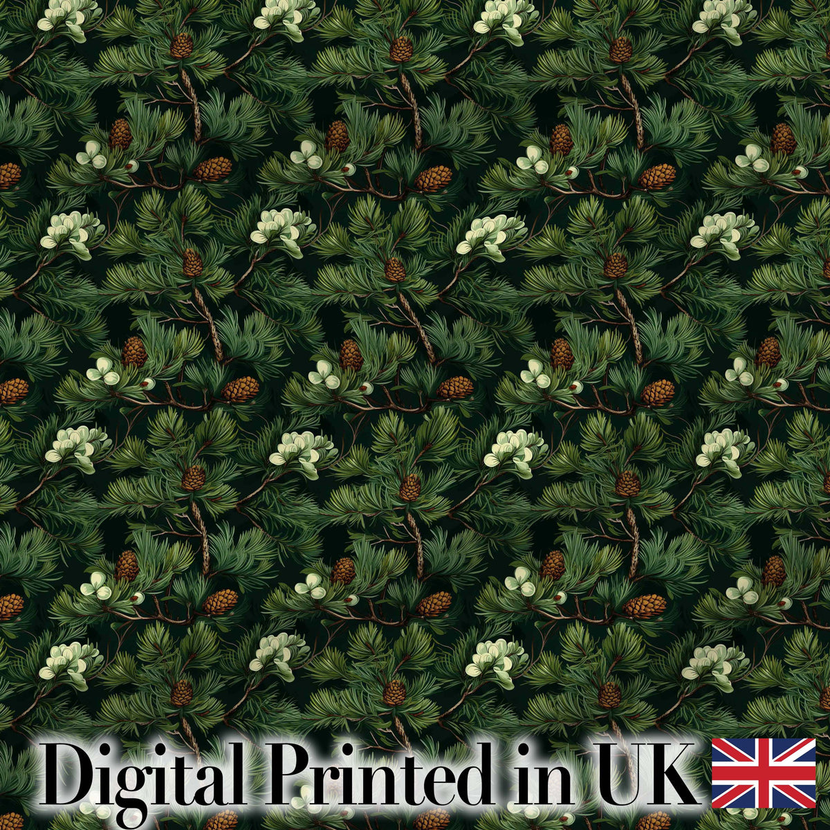 Dark Green Pine Branches Cones Botanical Seamless Pattern Digital Print Fabric by the Metre UK Sewing Quilting Textile
