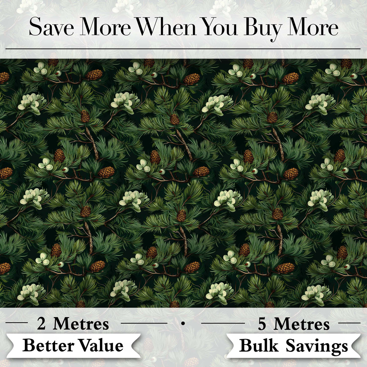 Dark Green Pine Branches Cones Botanical Seamless Pattern Digital Print Fabric by the Metre UK Sewing Quilting Textile