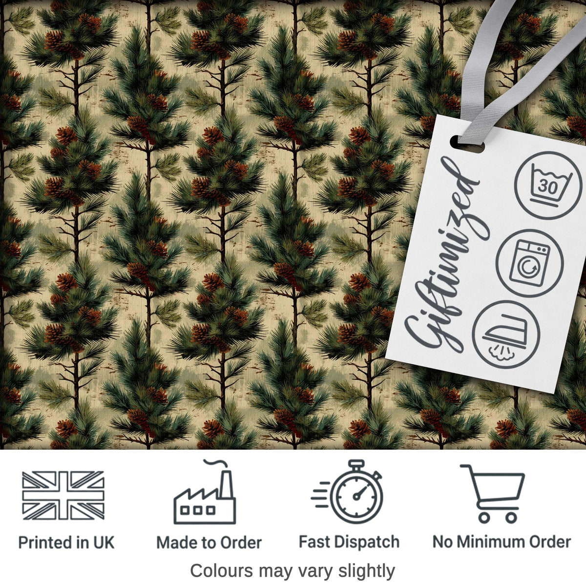 Watercolor Pine Woodland Nature Seamless Pattern Digital Print Fabric by the Metre UK Sewing Quilting Textile