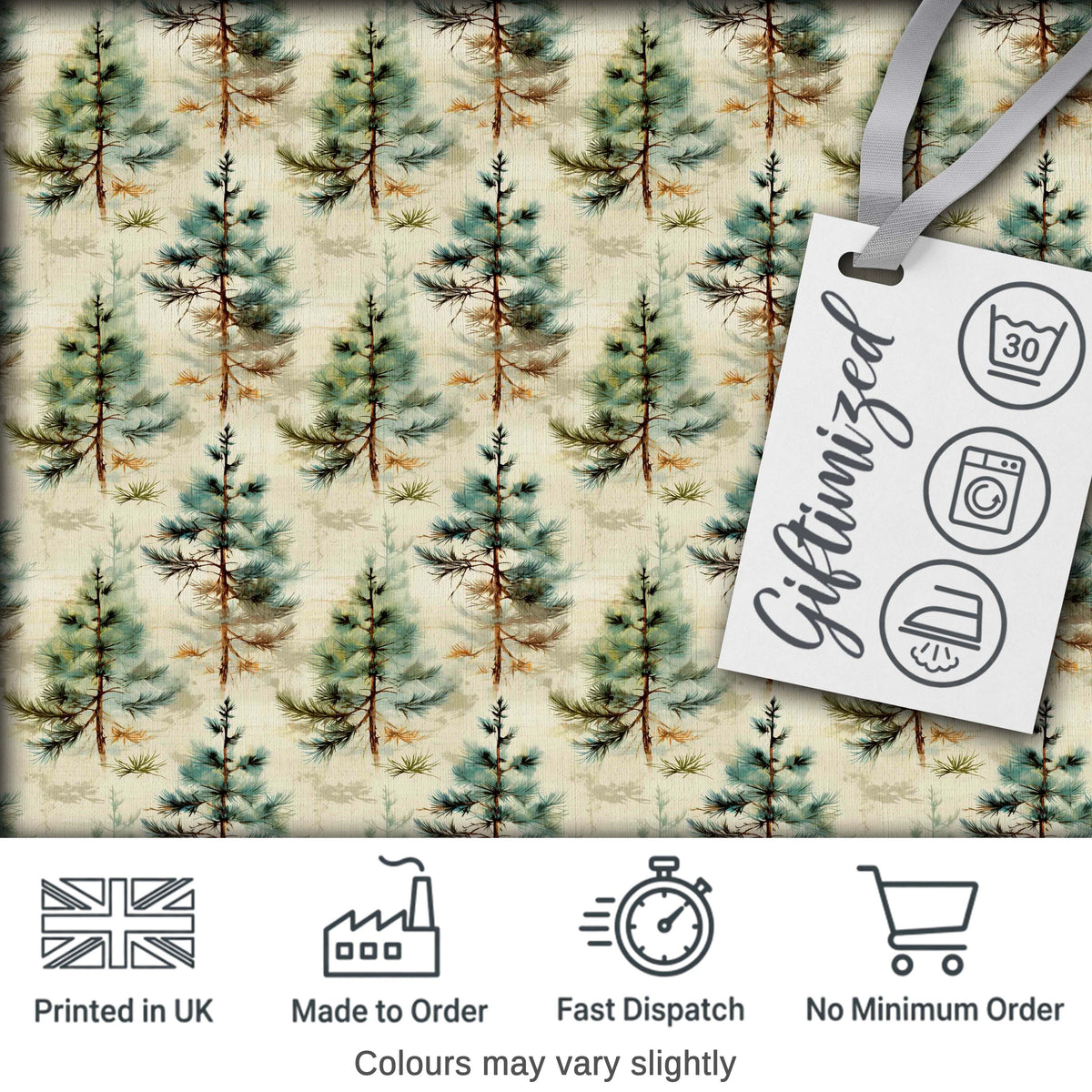 Soft Watercolor Pine Tree Nature Seamless Pattern Digital Print Fabric by the Metre UK Sewing Quilting Textile