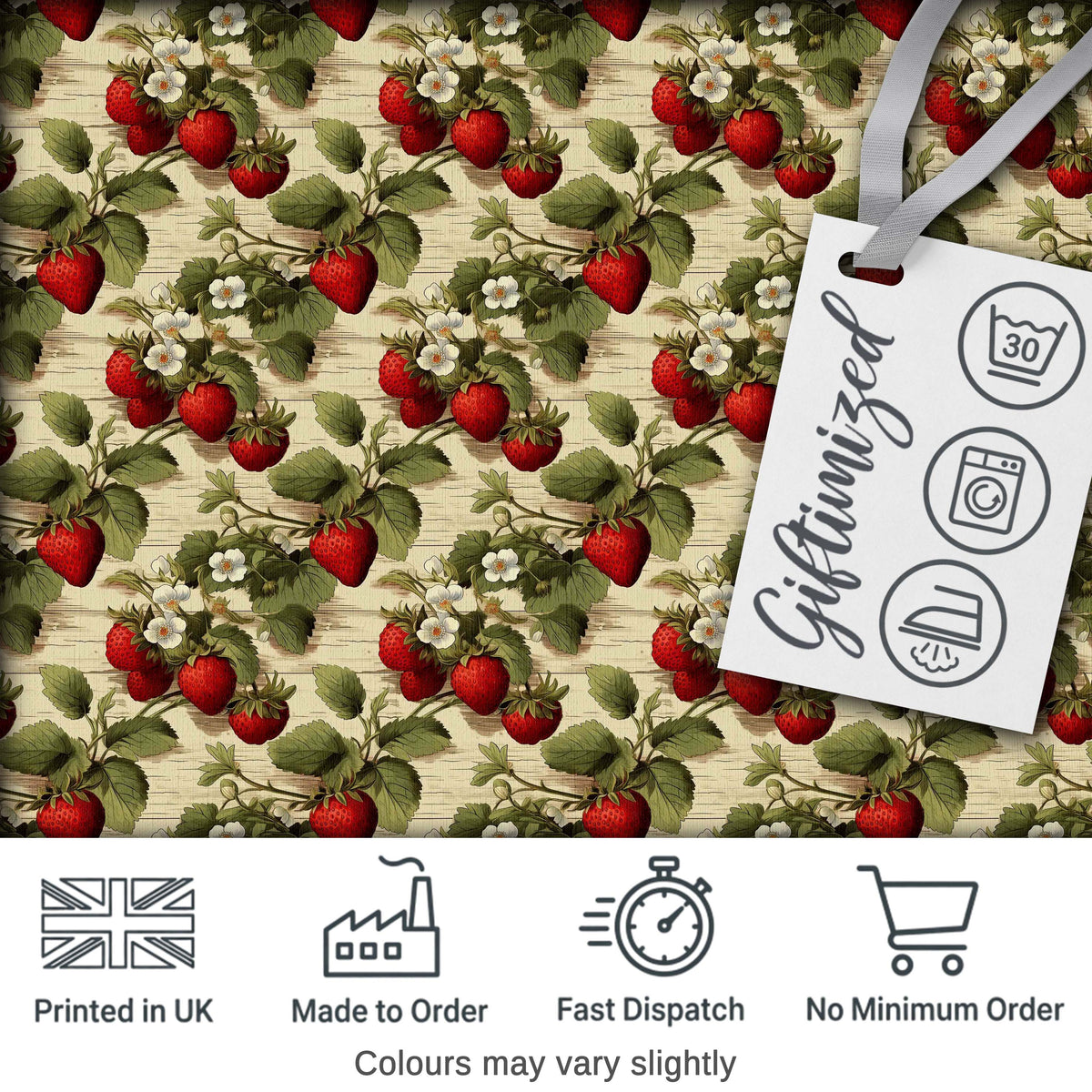Vintage Strawberry Vine Rustic Wood Background Seamless Pattern Digital Print Fabric by the Metre UK Sewing Quilting Textile